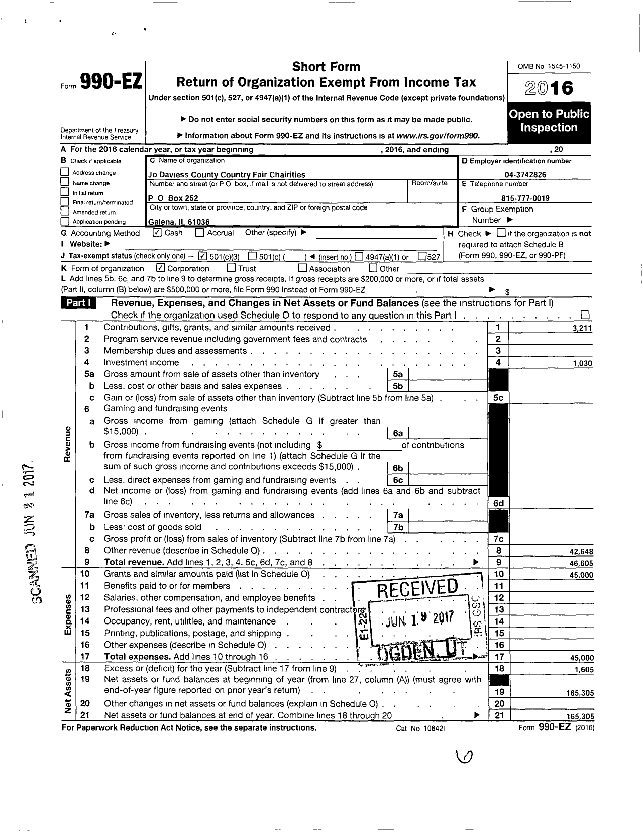 Image of first page of 2016 Form 990EZ for Jo Daviess County Country Fair Charities