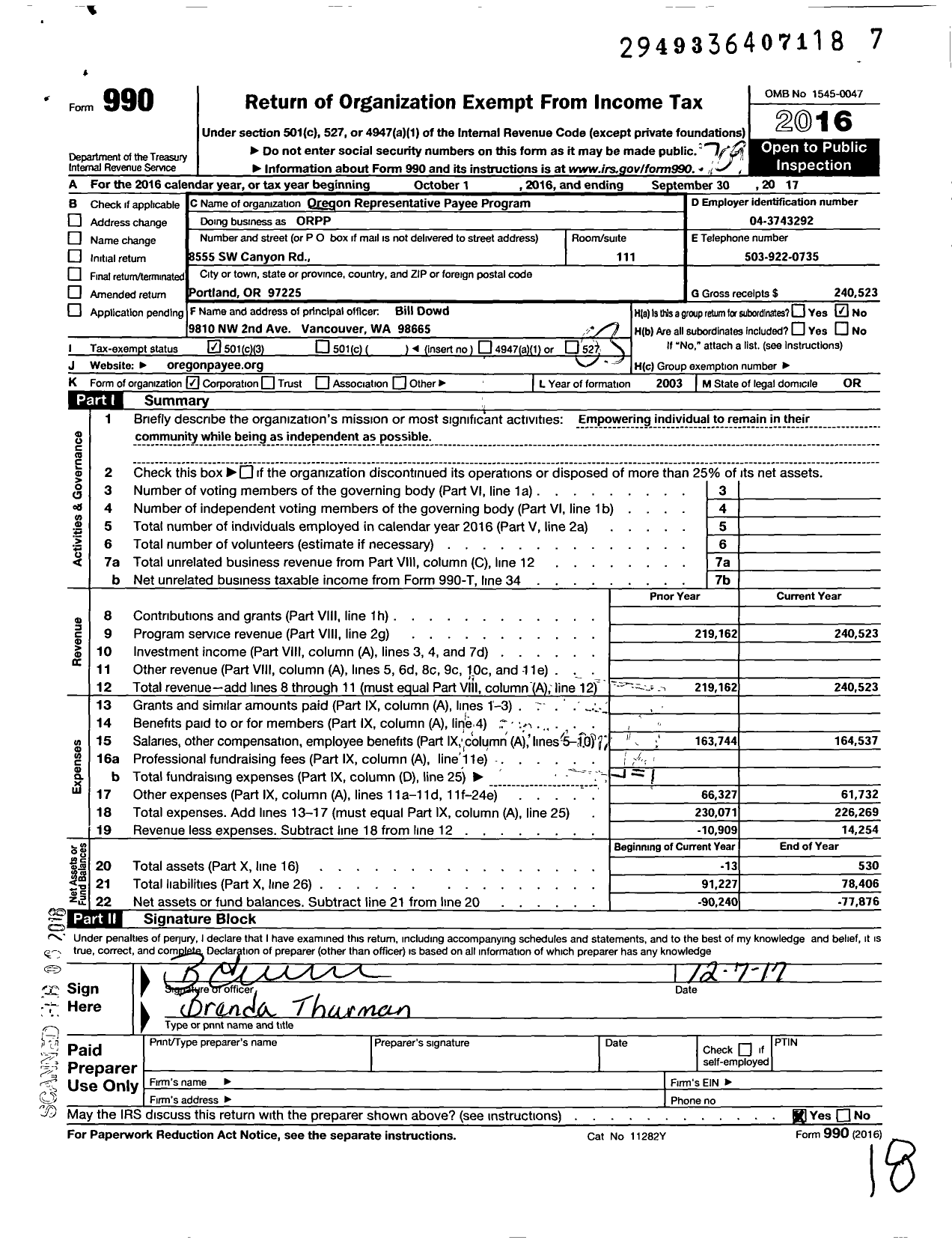 Image of first page of 2016 Form 990 for Oregon Representative Payee Program