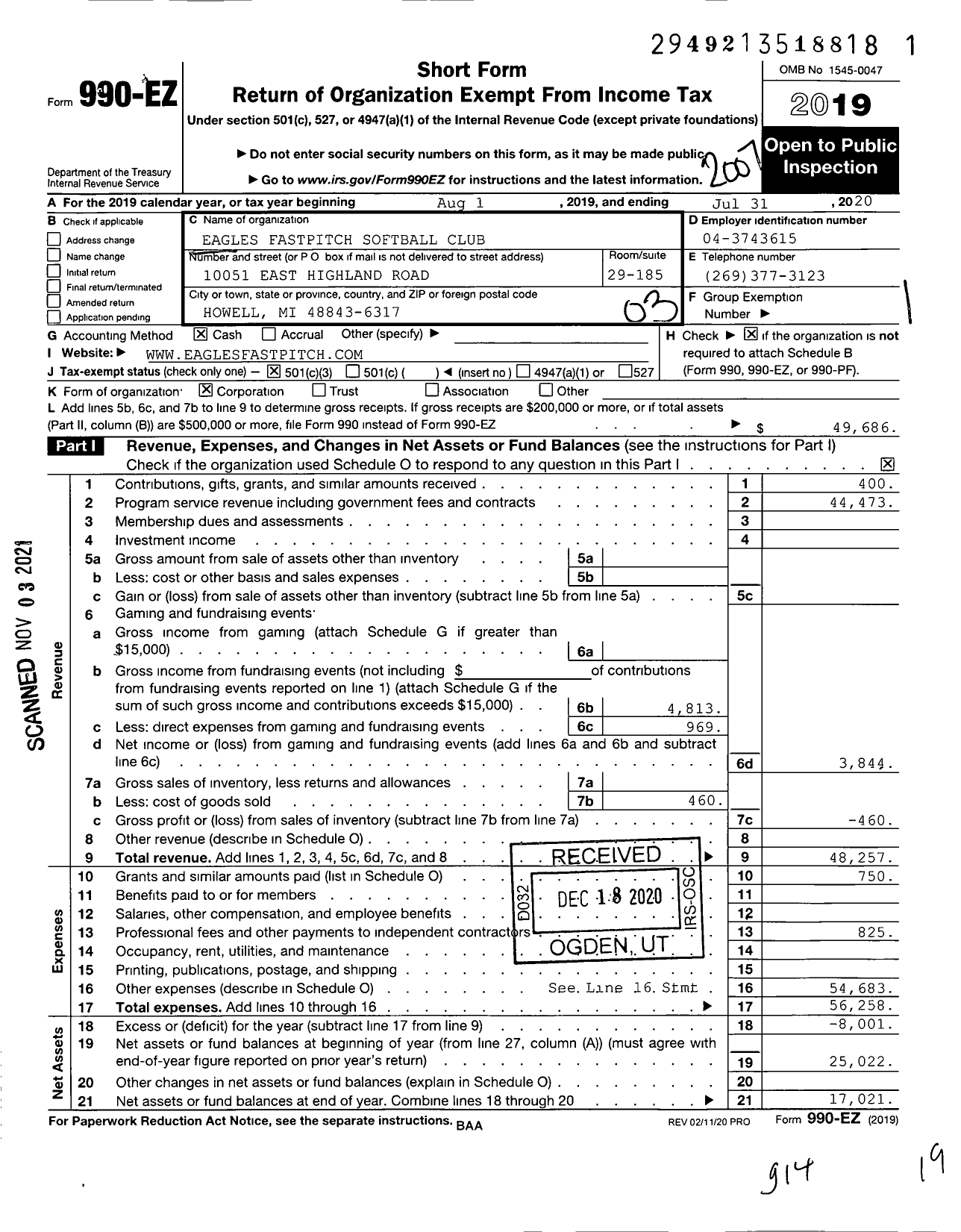 Image of first page of 2019 Form 990EZ for Eagles Fastpitch