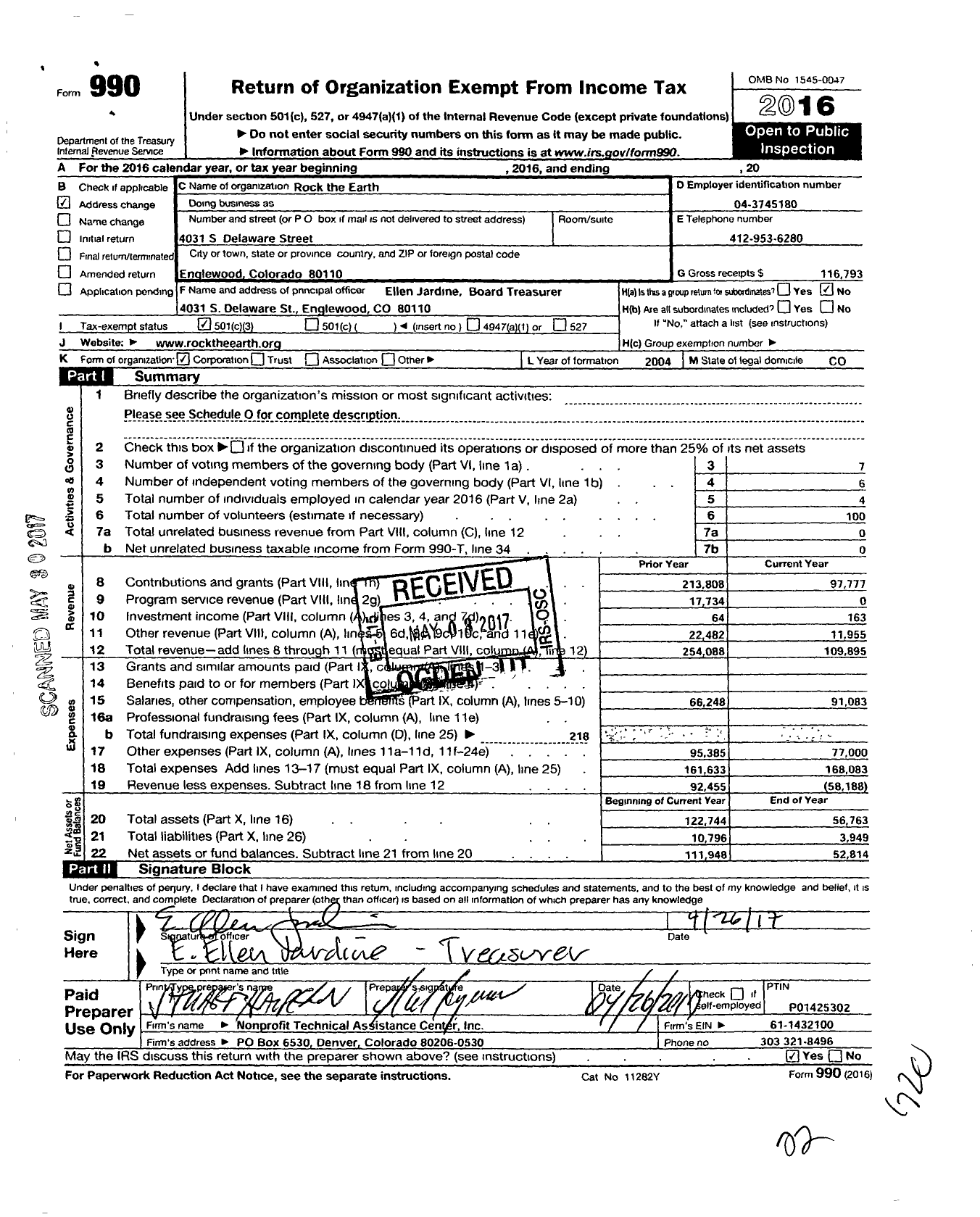 Image of first page of 2016 Form 990 for Rock the Earth