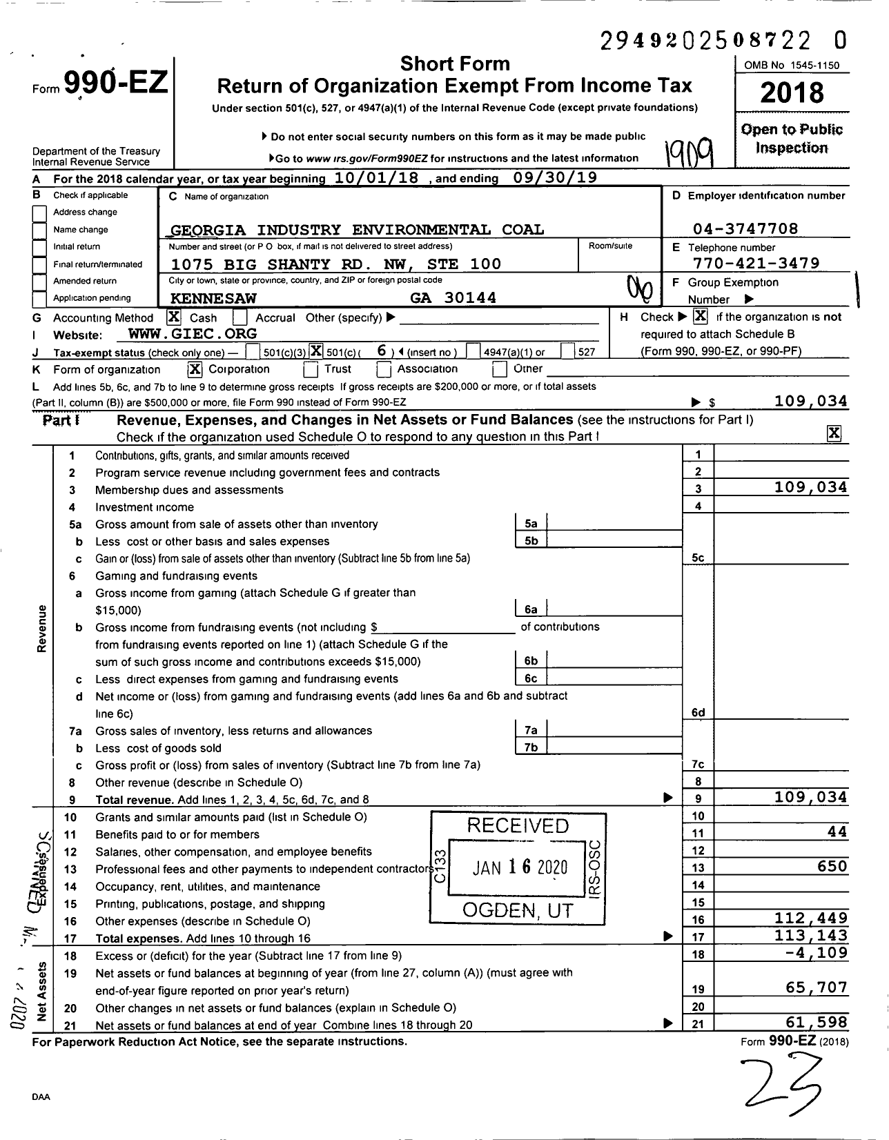 Image of first page of 2018 Form 990EO for Georgia Industry Environmental Coal