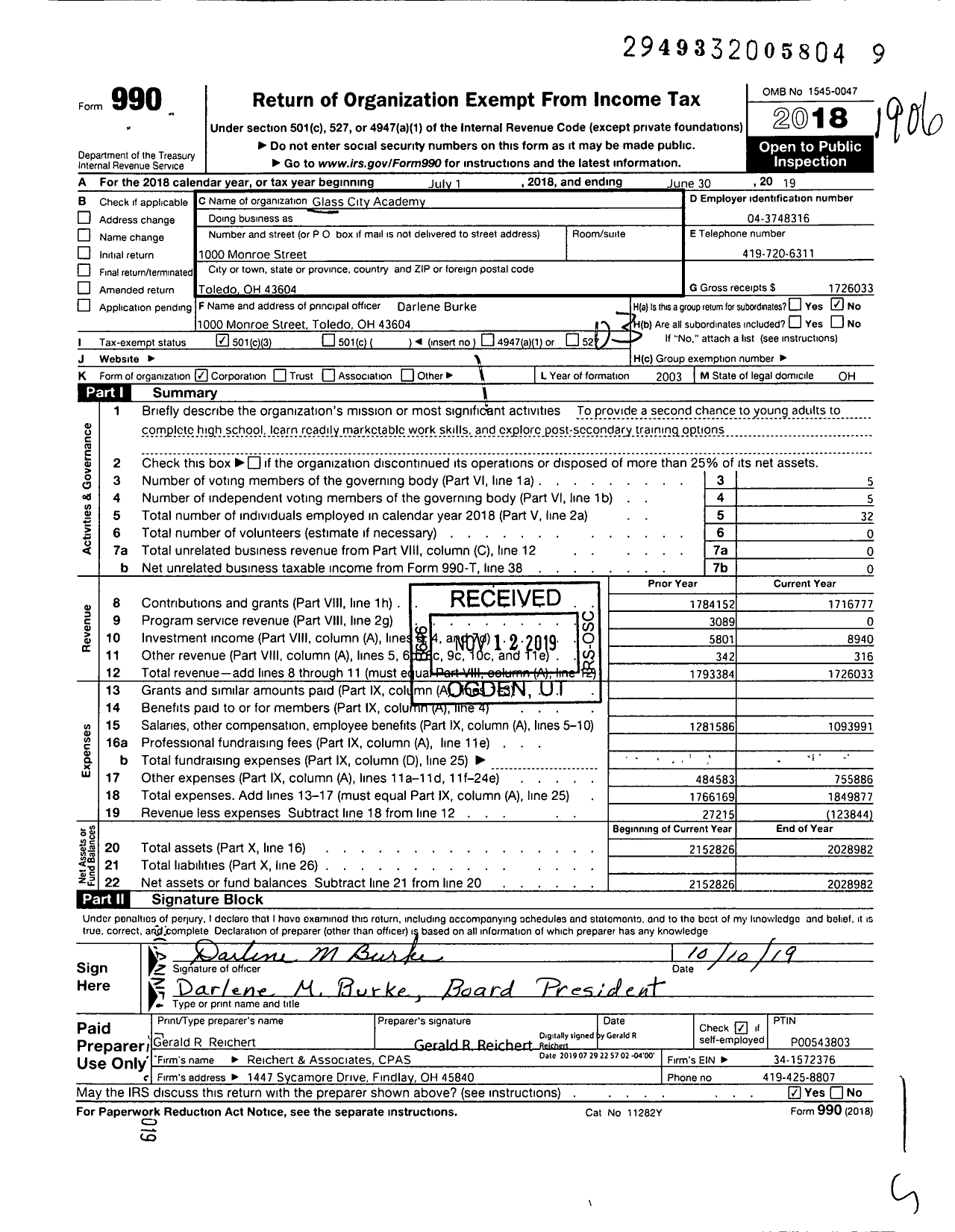 Image of first page of 2018 Form 990 for Glass City Academy