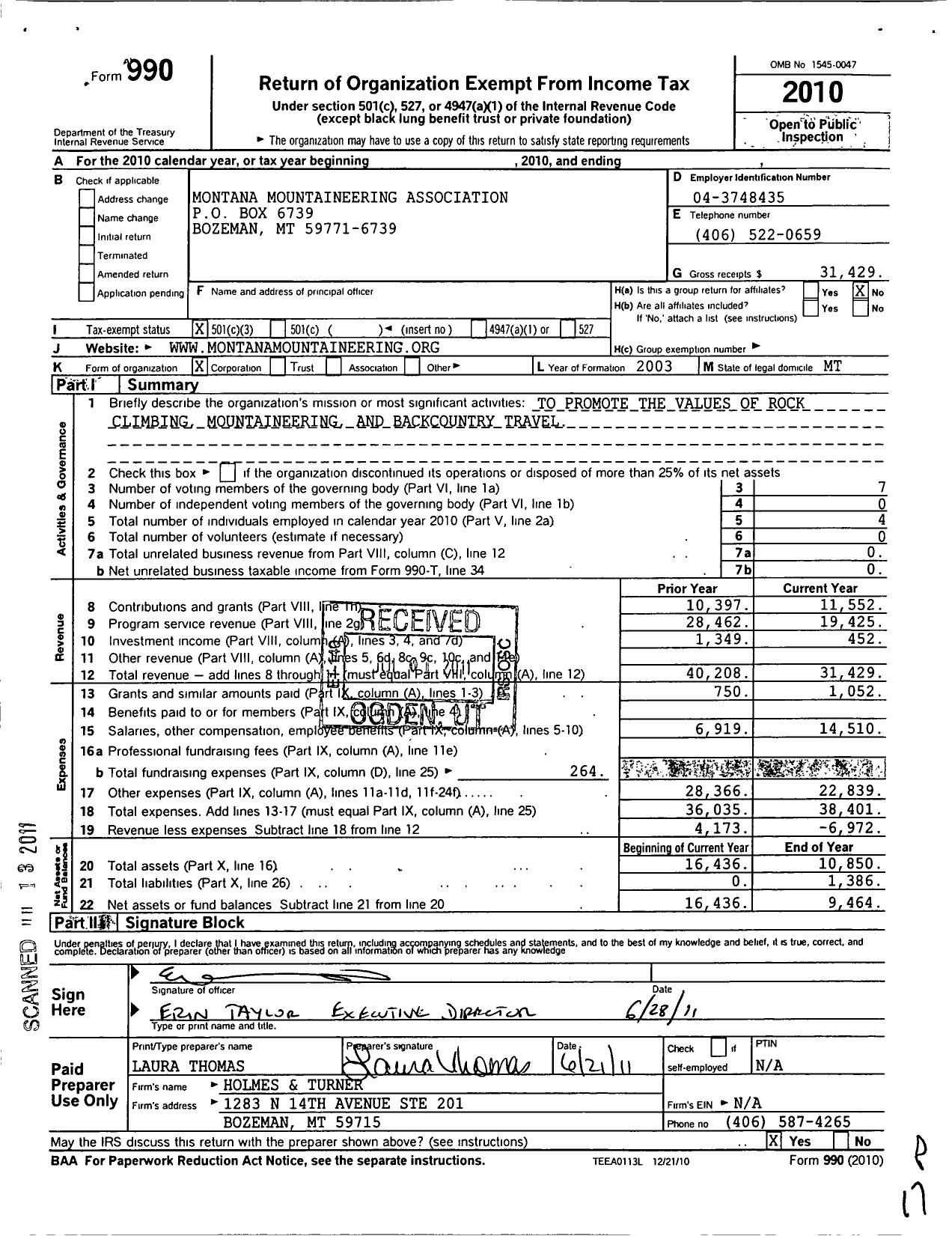 Image of first page of 2010 Form 990 for Montana Mountaineering Association