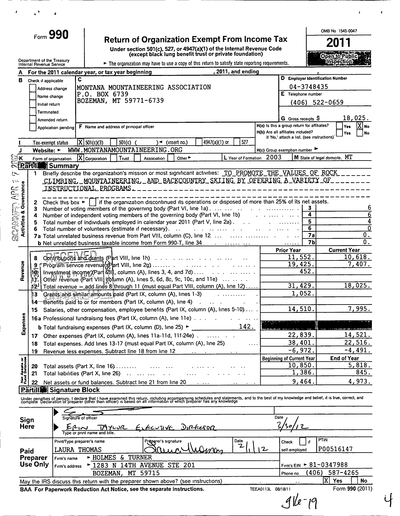 Image of first page of 2011 Form 990 for Montana Mountaineering Association