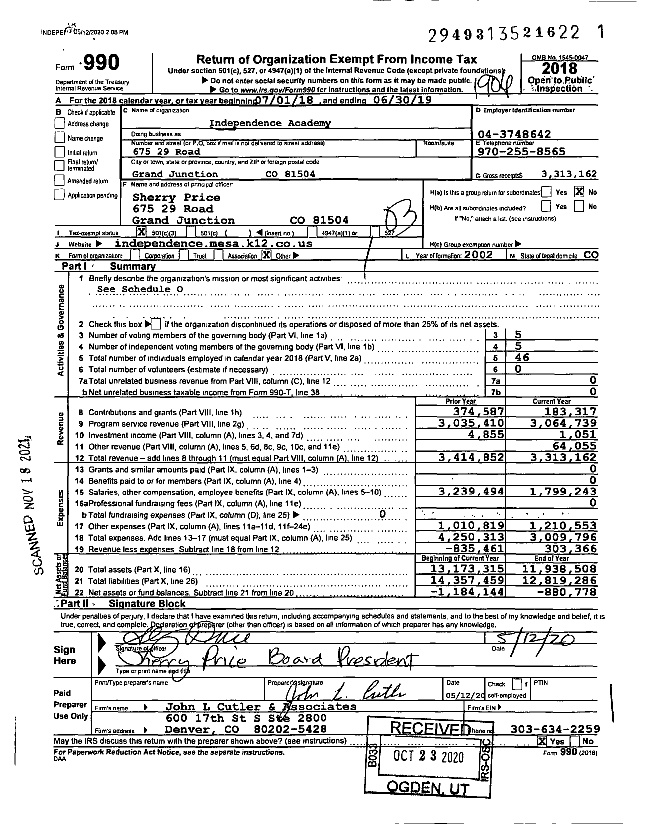 Image of first page of 2018 Form 990 for Independent Academy