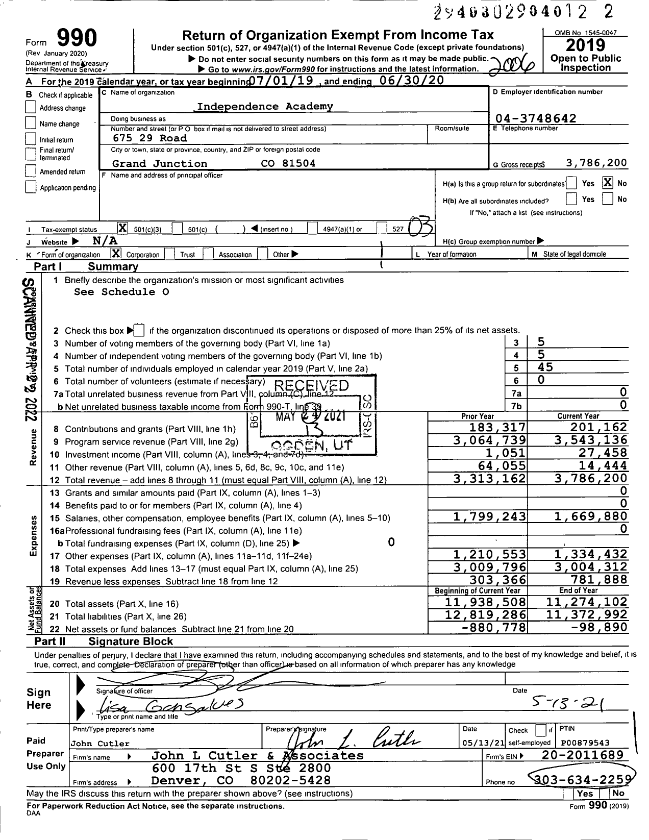 Image of first page of 2019 Form 990 for Independent Academy