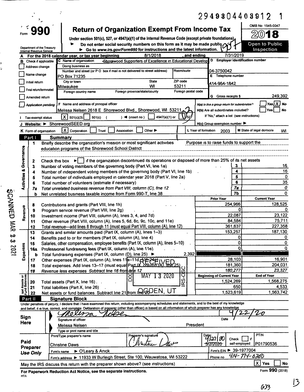 Image of first page of 2018 Form 990 for Shorewood Supporters of Excellence in Educational Development