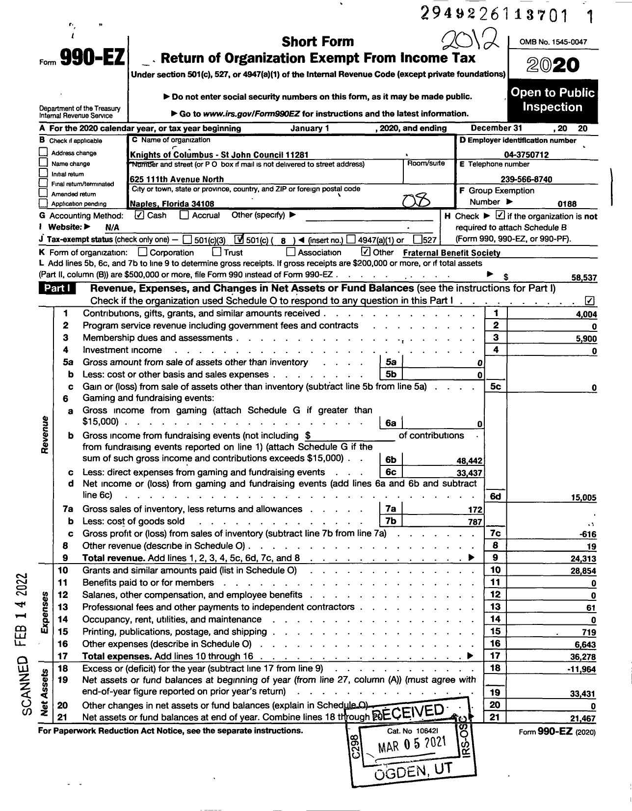 Image of first page of 2020 Form 990EO for KNIGHTS of Columbus - 11281 St John Council