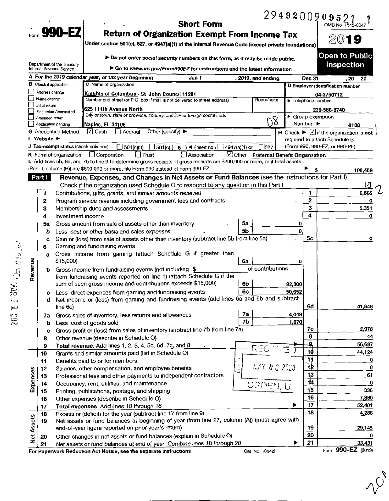 Image of first page of 2019 Form 990EO for KNIGHTS of Columbus - 11281 St John Council