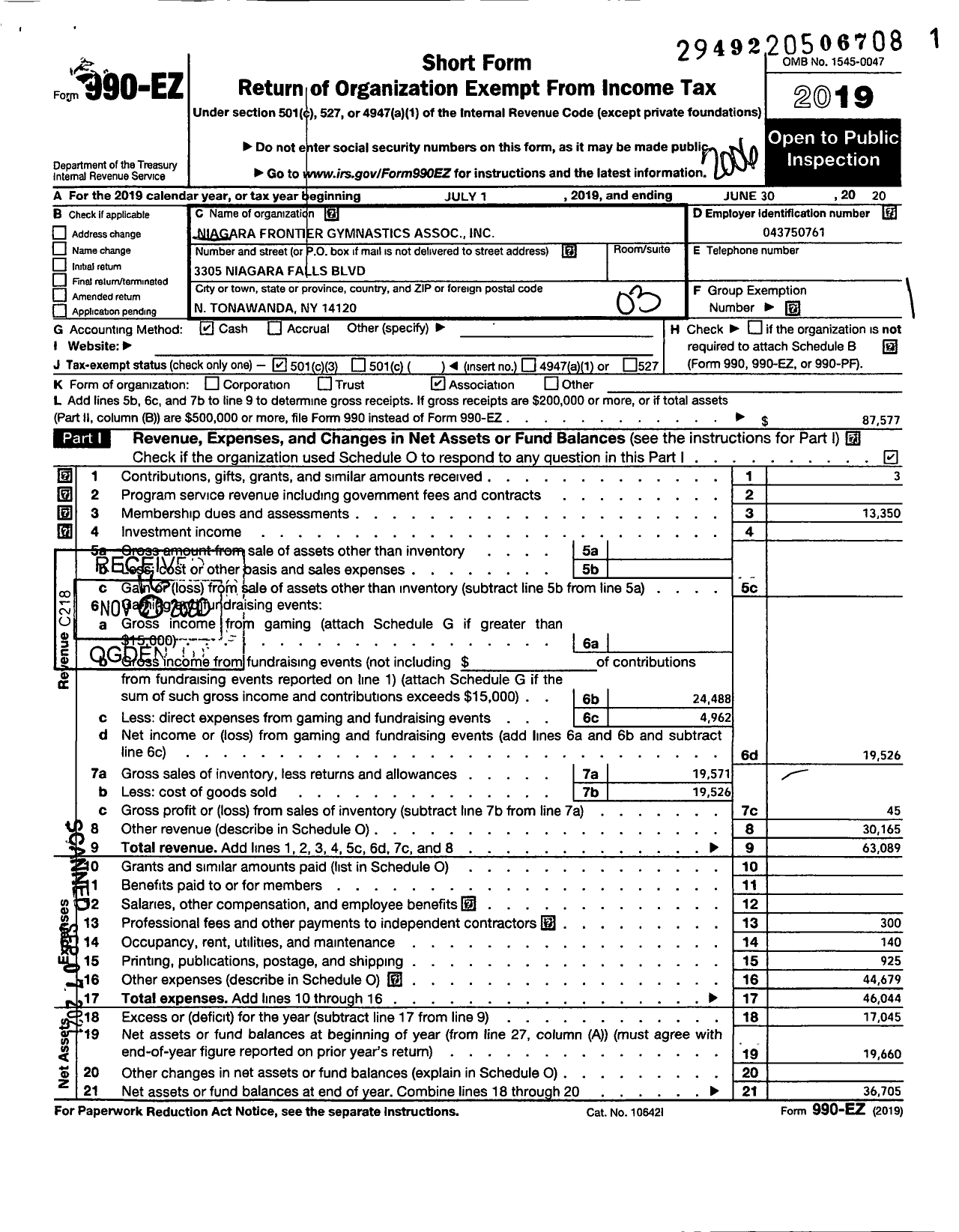 Image of first page of 2019 Form 990EZ for Niagara Frontier Gymnastics Assoc