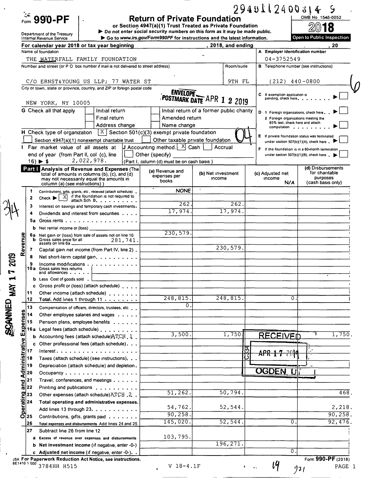 Image of first page of 2018 Form 990PF for The Waterfall Family Foundation