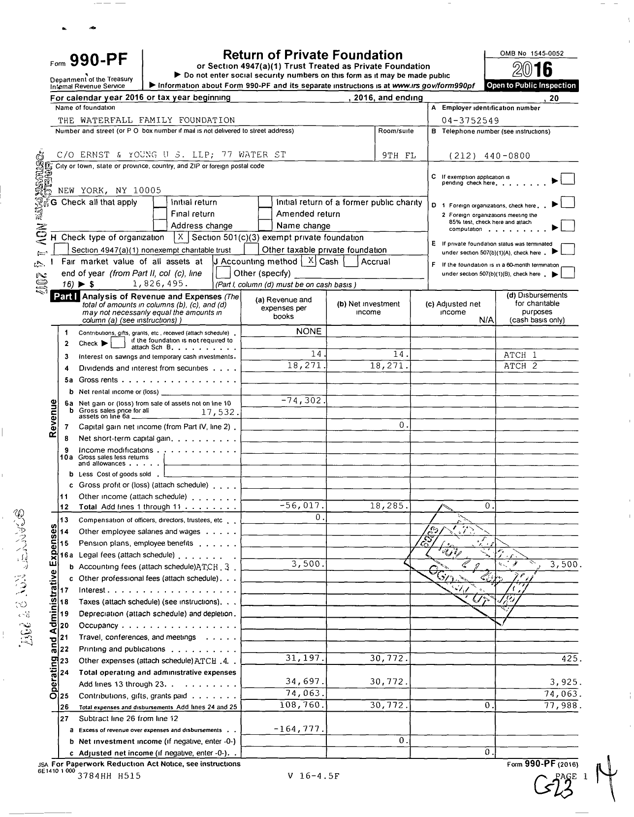 Image of first page of 2016 Form 990PF for The Waterfall Family Foundation