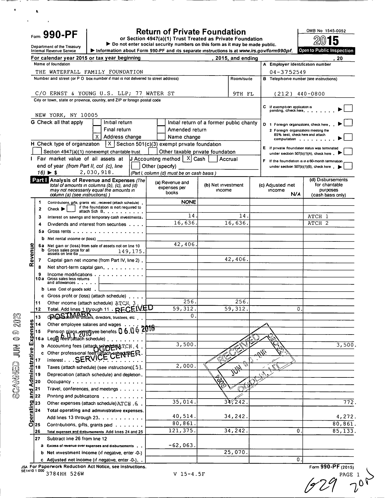 Image of first page of 2015 Form 990PF for The Waterfall Family Foundation