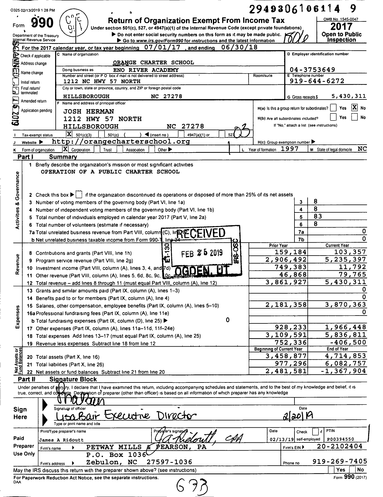 Image of first page of 2017 Form 990 for Eno River Academy