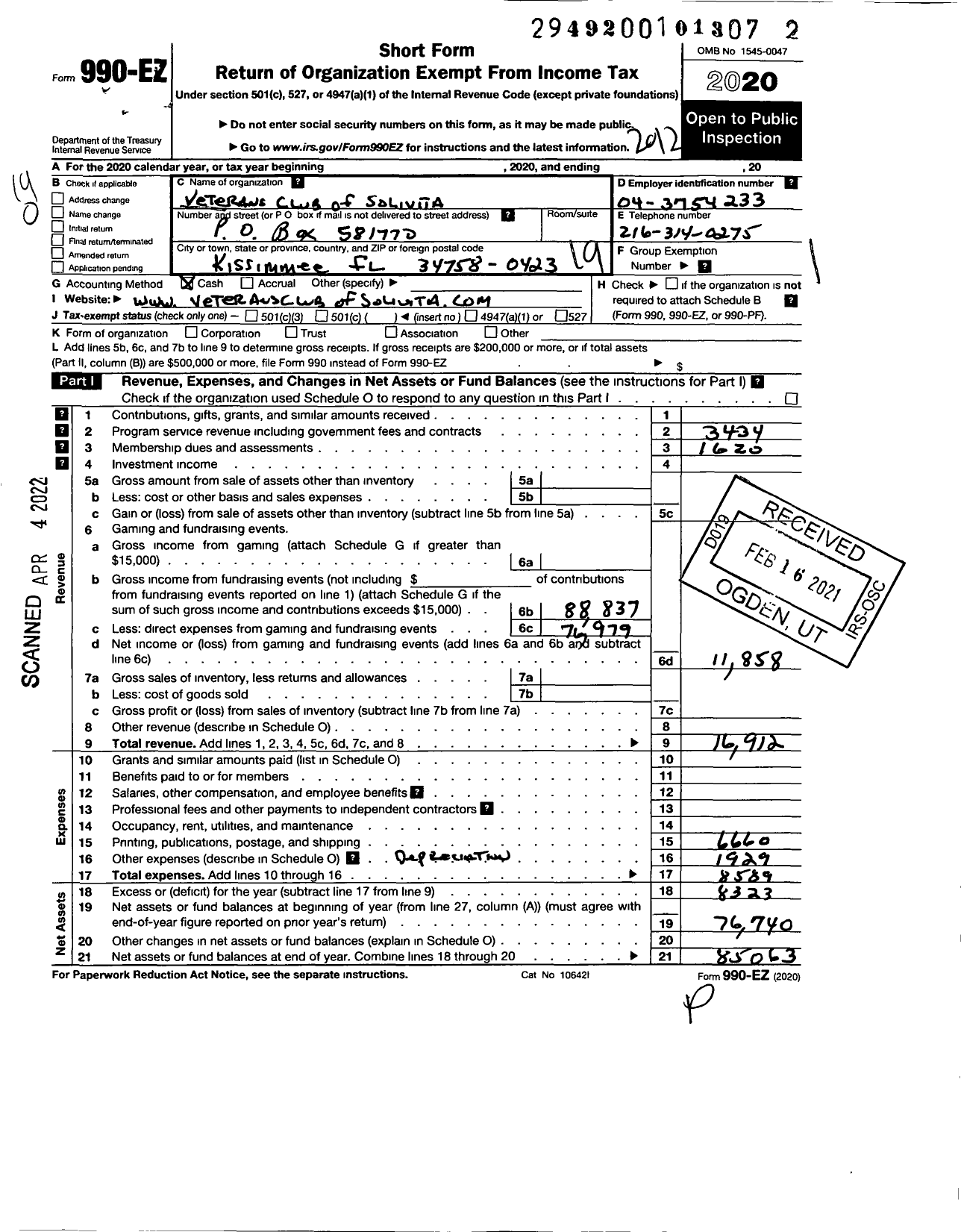 Image of first page of 2020 Form 990EO for Veterans Club of Solivita