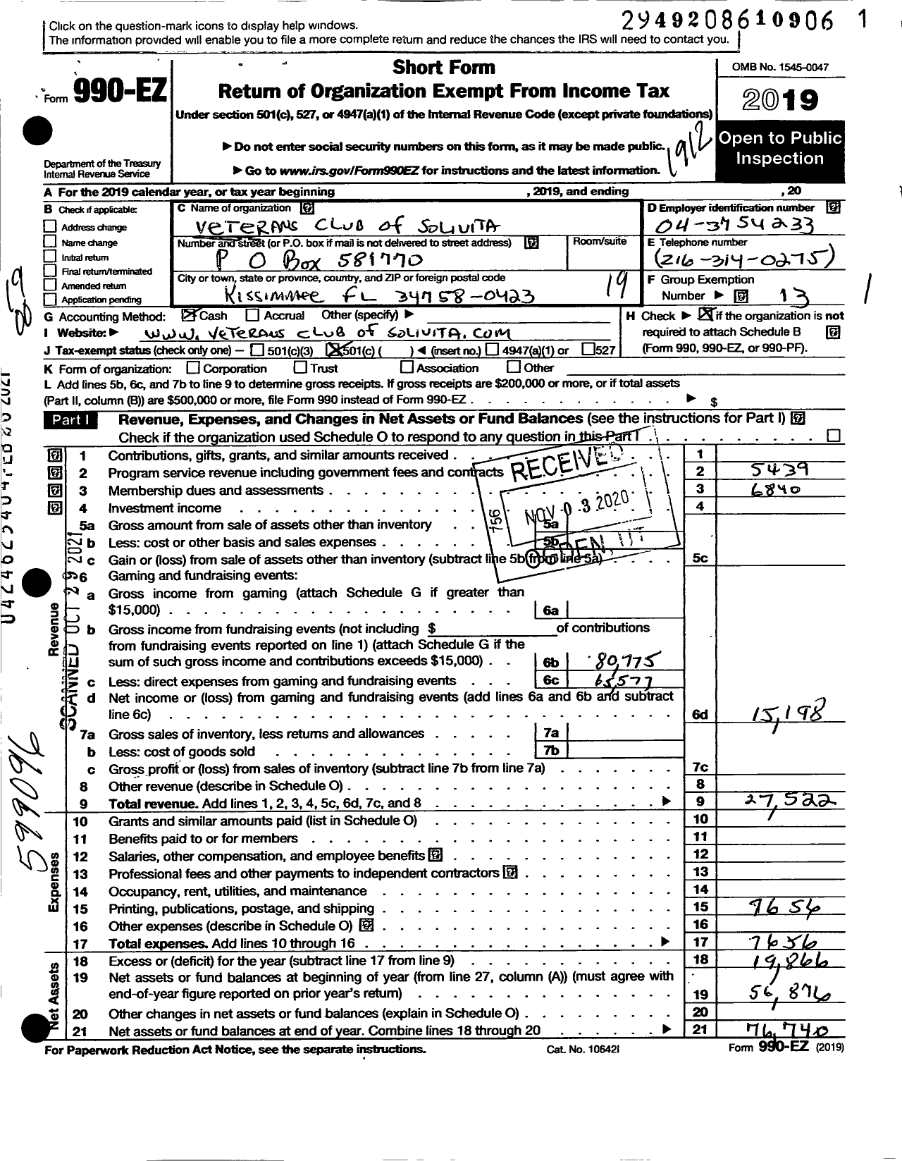 Image of first page of 2019 Form 990EO for Veterans Club of Solivita