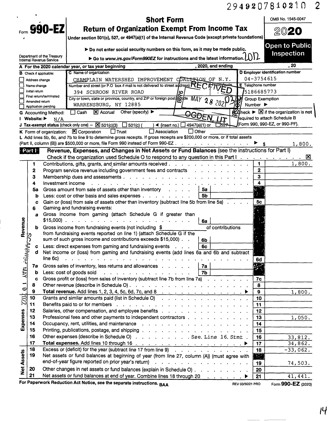 Image of first page of 2020 Form 990EZ for Champlain Watershed Improvement Coalition of Ny