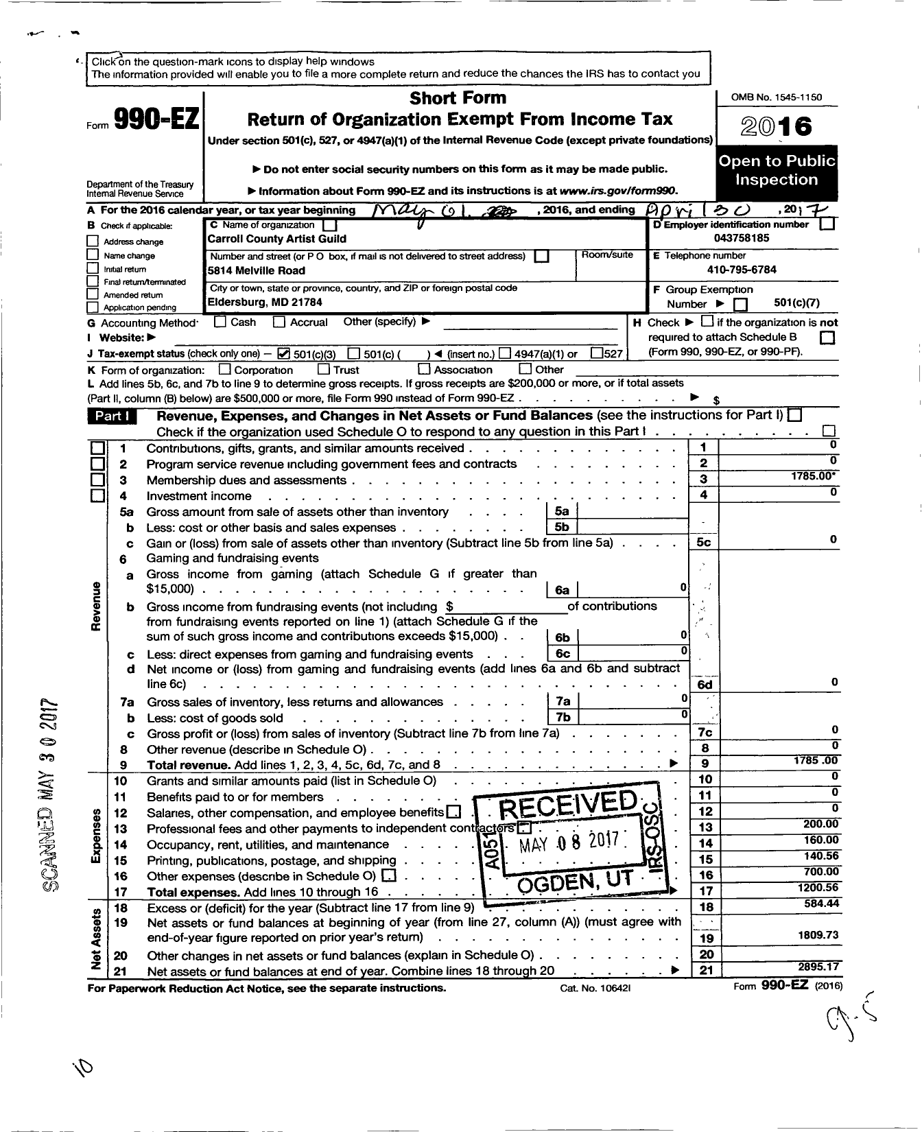 Image of first page of 2016 Form 990EZ for Carroll County Artist Guild