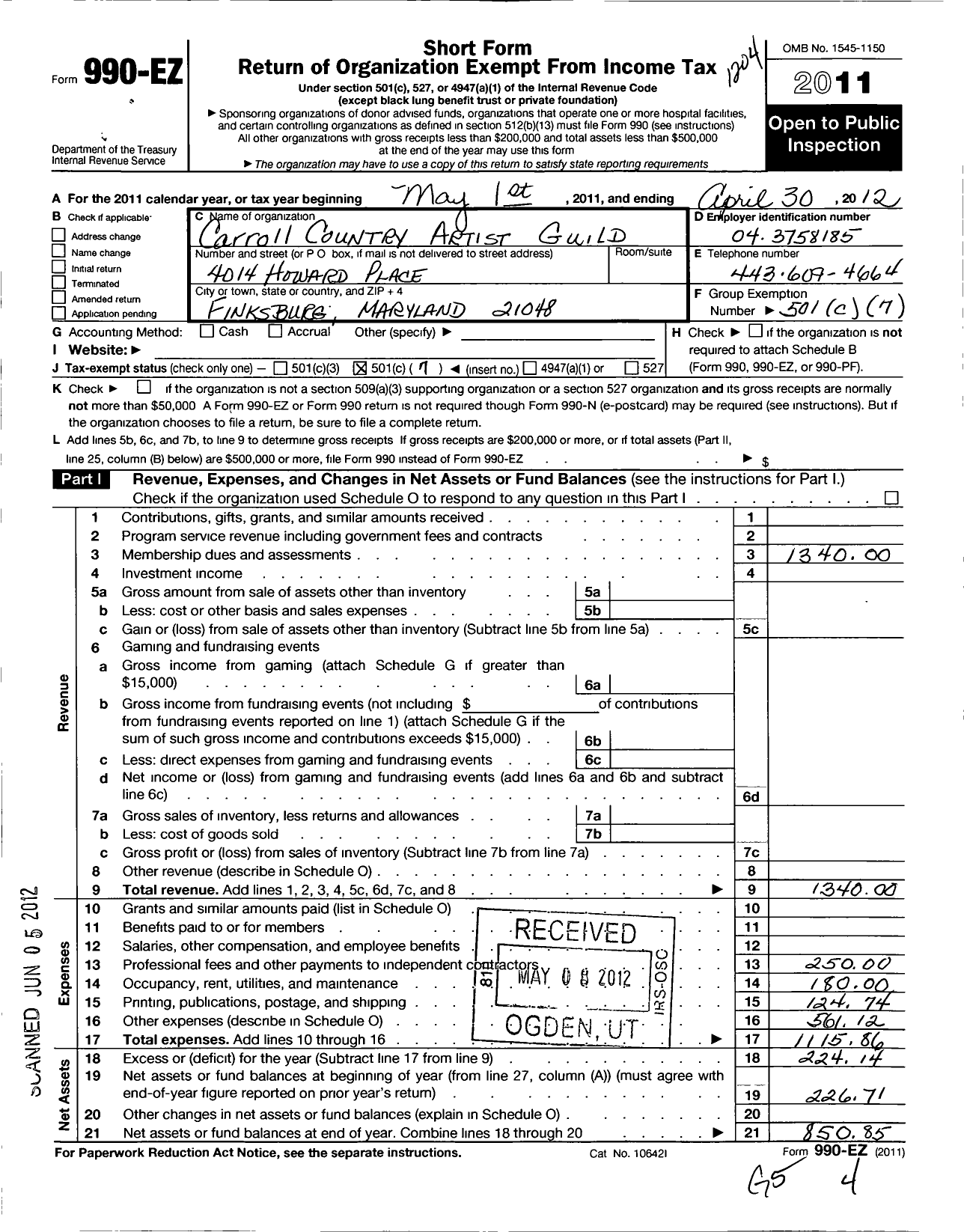 Image of first page of 2011 Form 990EO for Carroll County Artist Guild