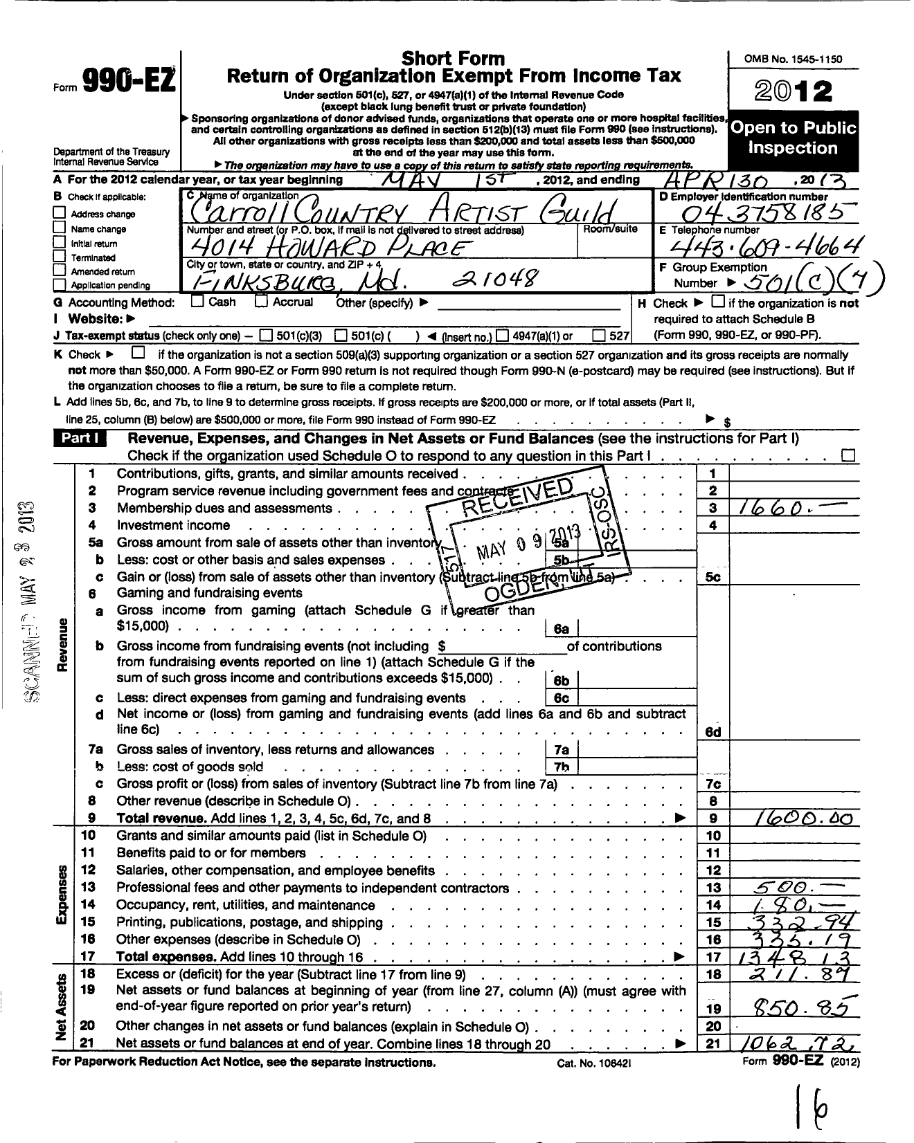 Image of first page of 2012 Form 990EO for Carroll County Artist Guild