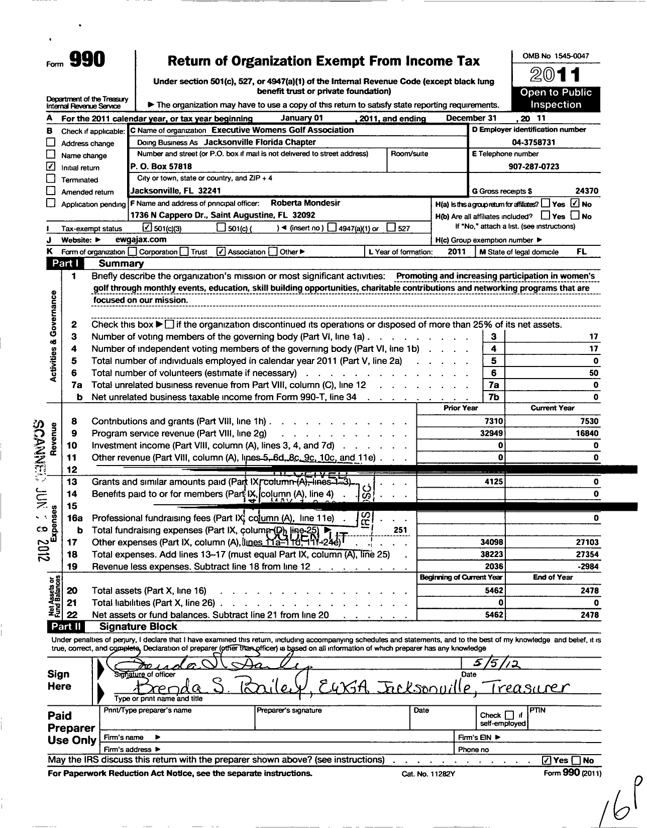 Image of first page of 2011 Form 990 for Executive Womens Golf Association / Jacksonville FL Chapter