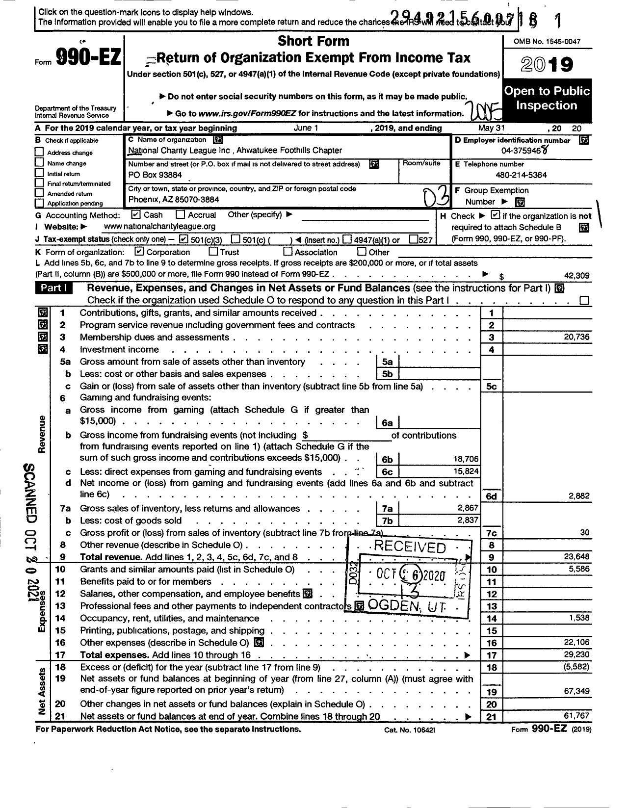 Image of first page of 2019 Form 990EZ for National Charity League Ahwatukee Foothills Chapter