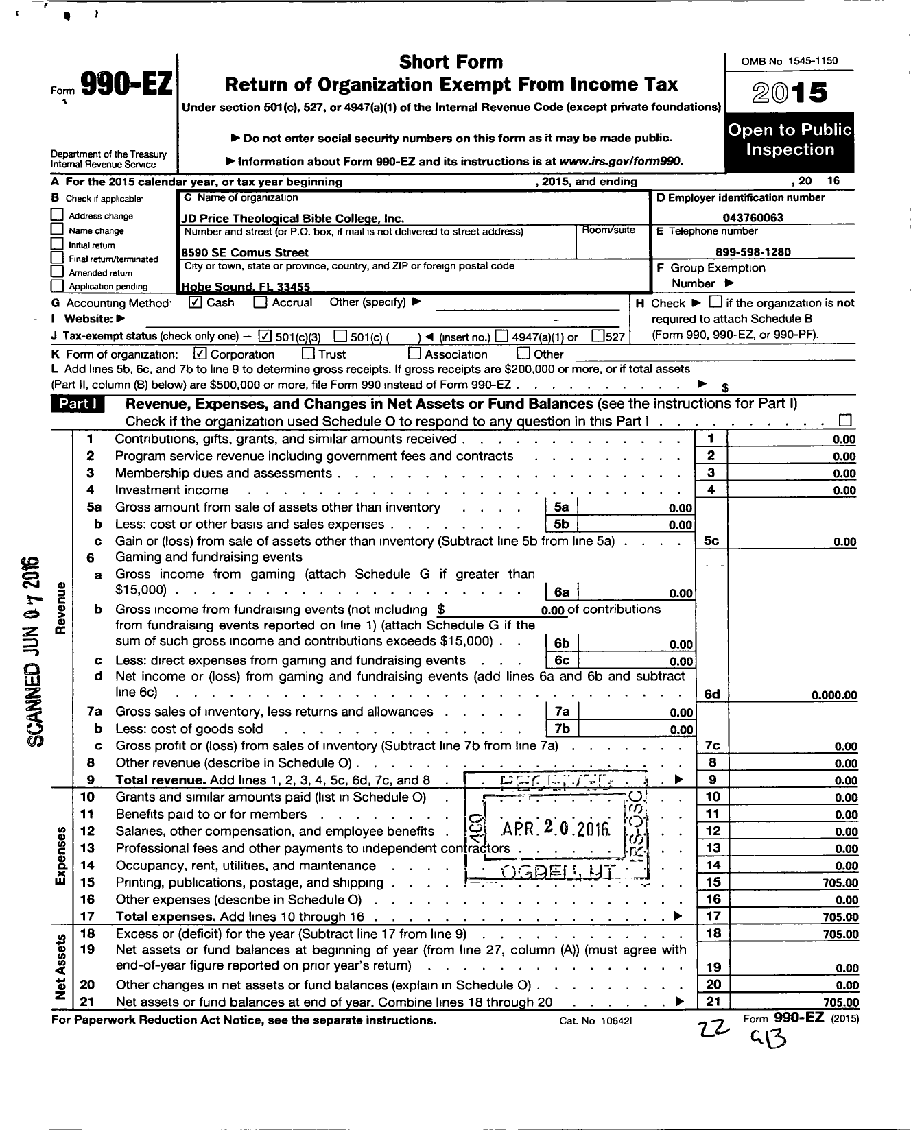 Image of first page of 2015 Form 990EZ for JD Price Theological Bible College