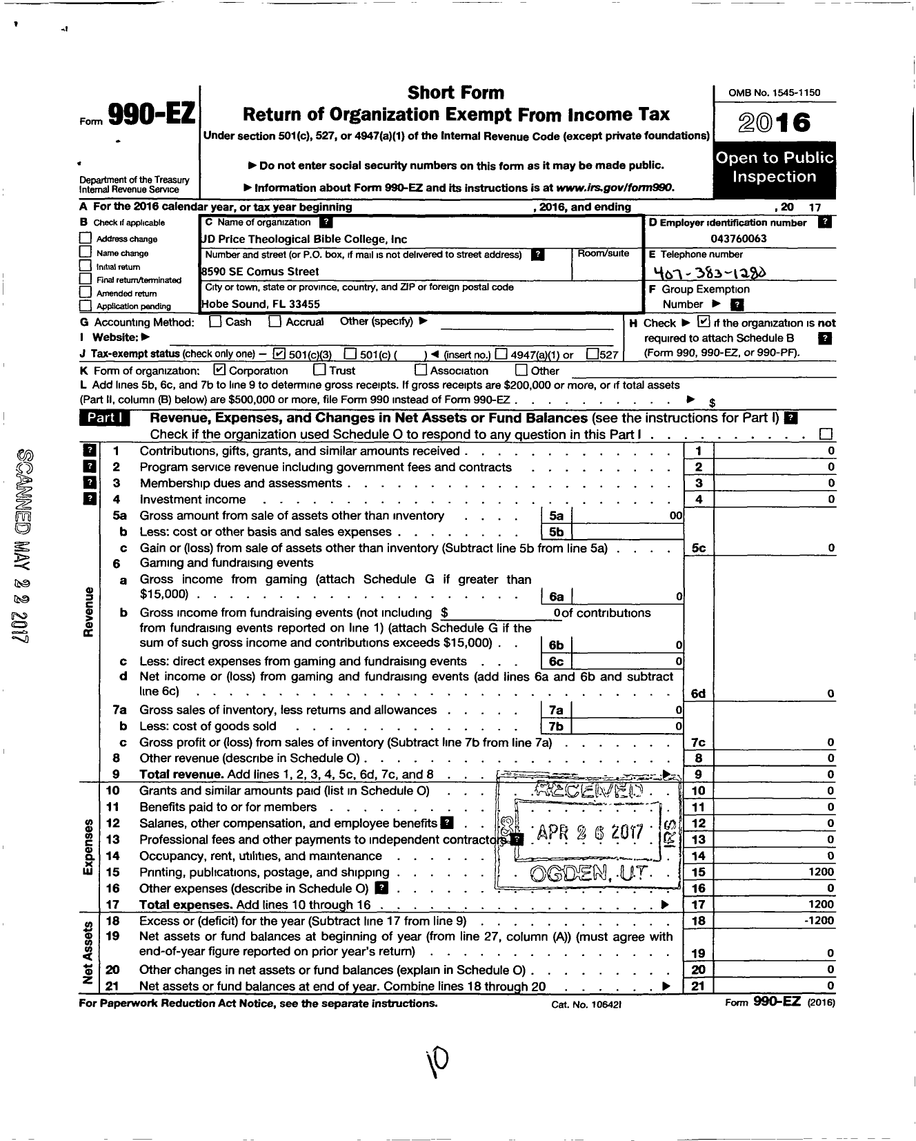 Image of first page of 2017 Form 990EZ for JD Price Theological Bible College