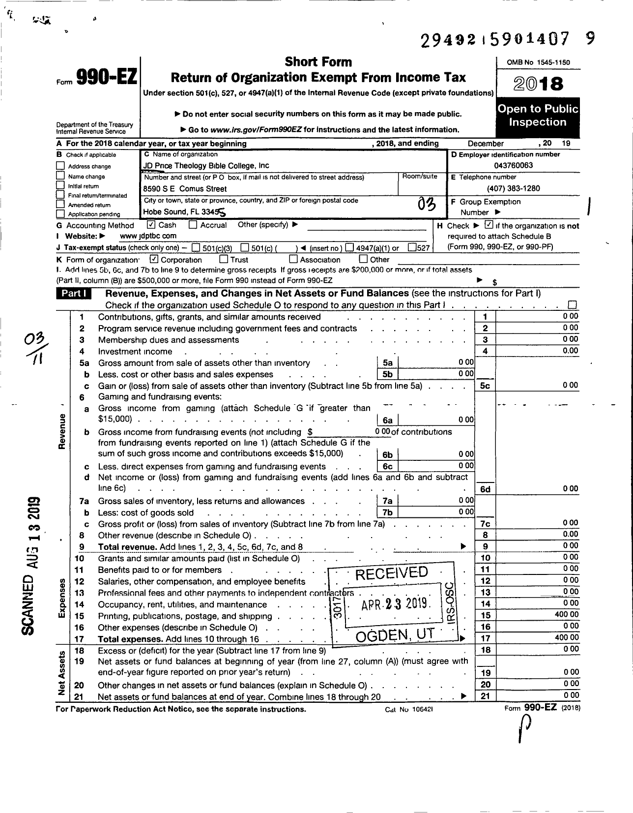 Image of first page of 2019 Form 990EZ for JD Price Theological Bible College