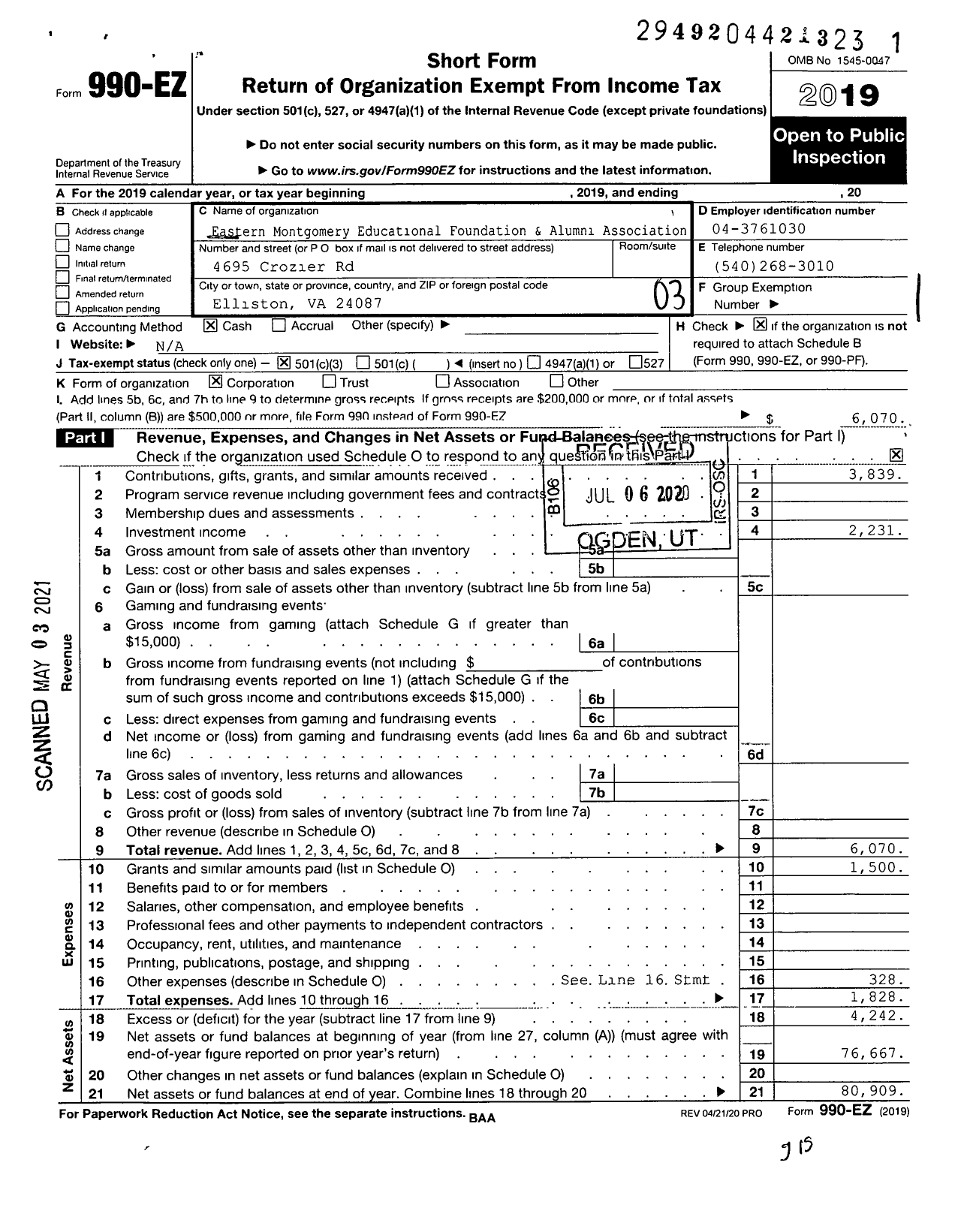 Image of first page of 2019 Form 990EZ for Eastern Montgomery Educational Foundation & Alumni Association