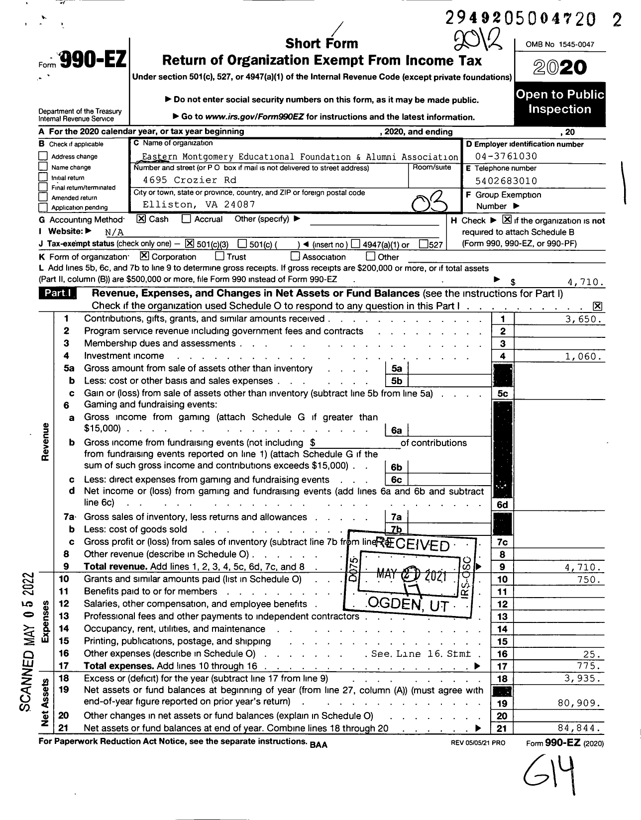 Image of first page of 2020 Form 990EZ for Eastern Montgomery Educational Foundation & Alumni Association