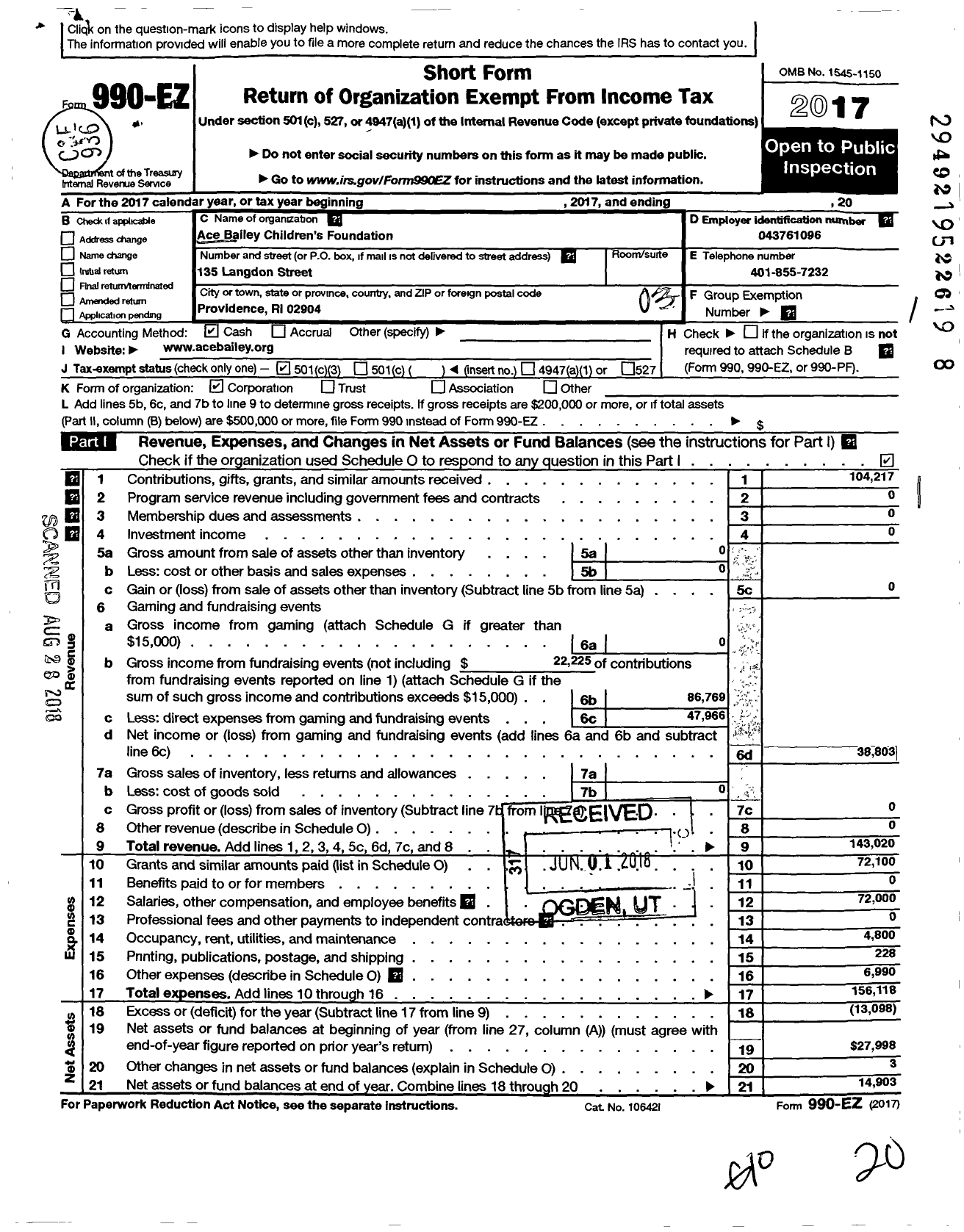 Image of first page of 2017 Form 990EZ for Ace Bailey Childrens Foundation