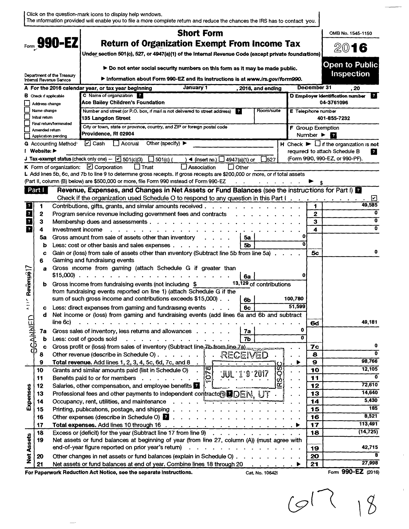 Image of first page of 2016 Form 990EZ for Ace Bailey Childrens Foundation