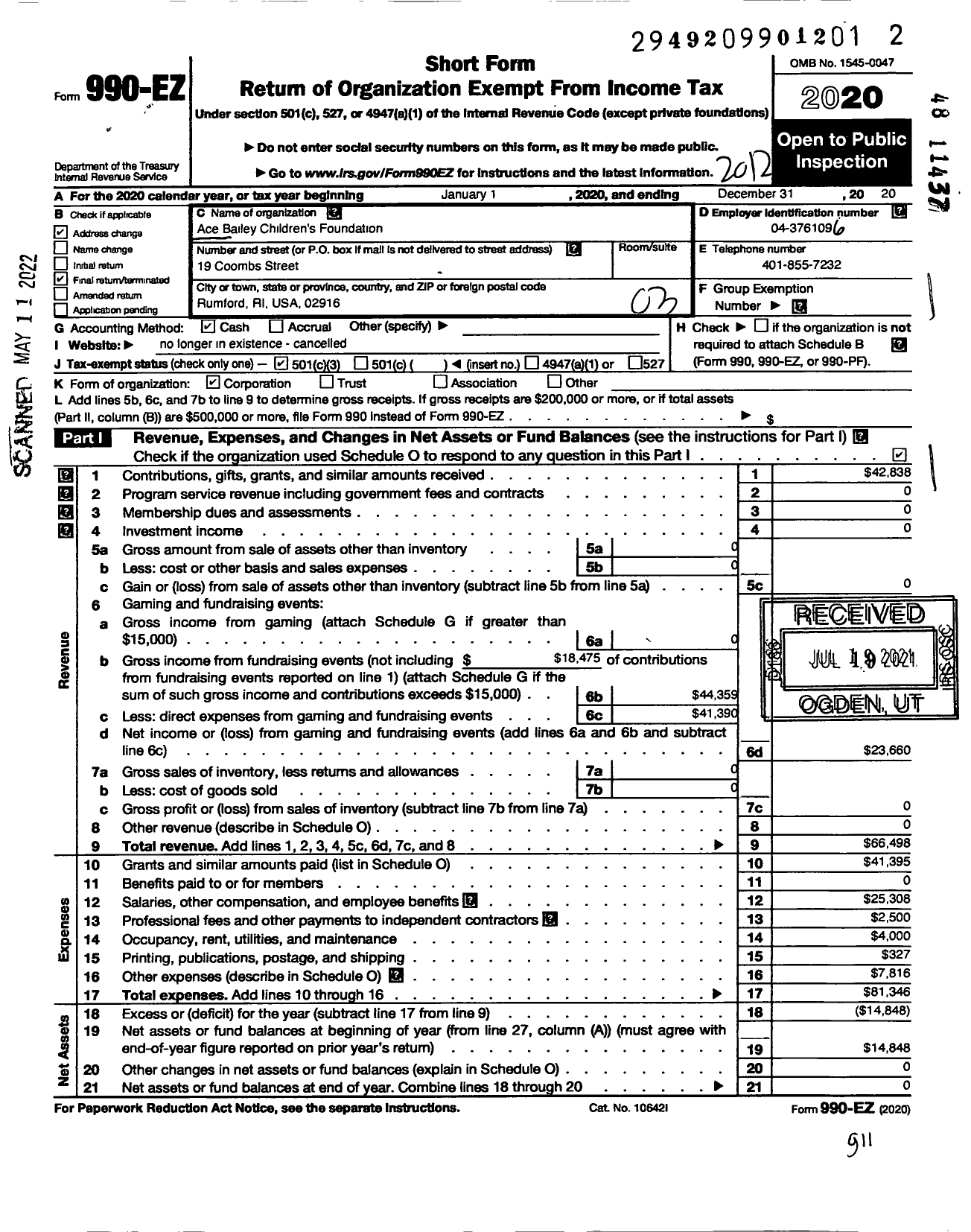 Image of first page of 2020 Form 990EZ for Ace Bailey Childrens Foundation