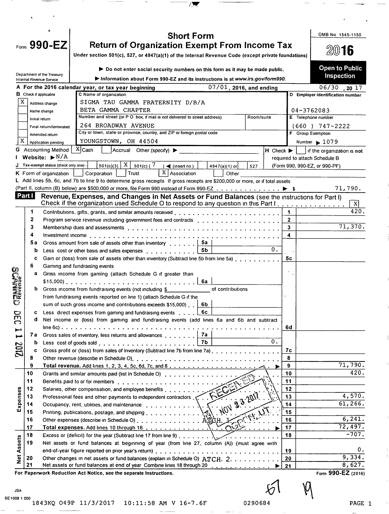 Image of first page of 2016 Form 990EO for Beta Gamma Chapter