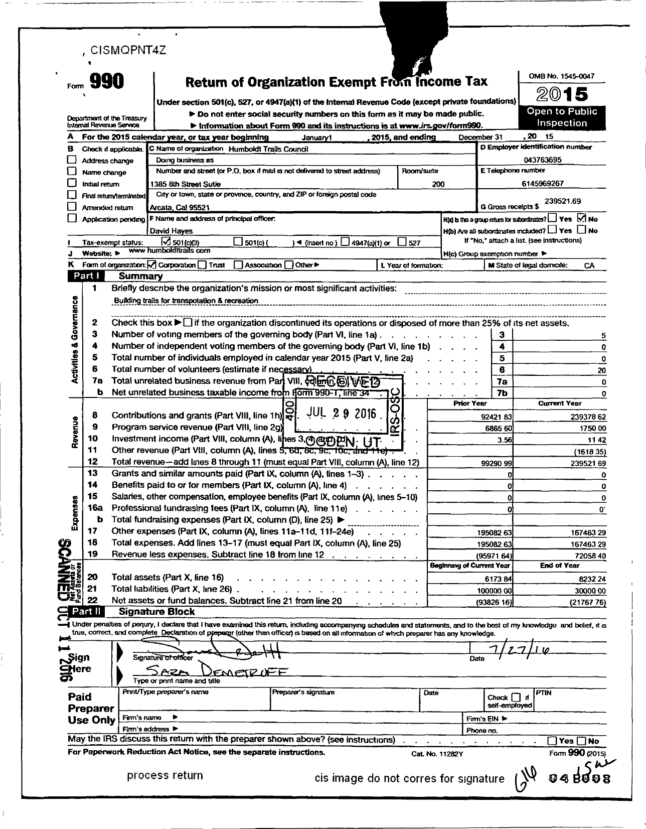 Image of first page of 2015 Form 990 for Humboldt Trails Council
