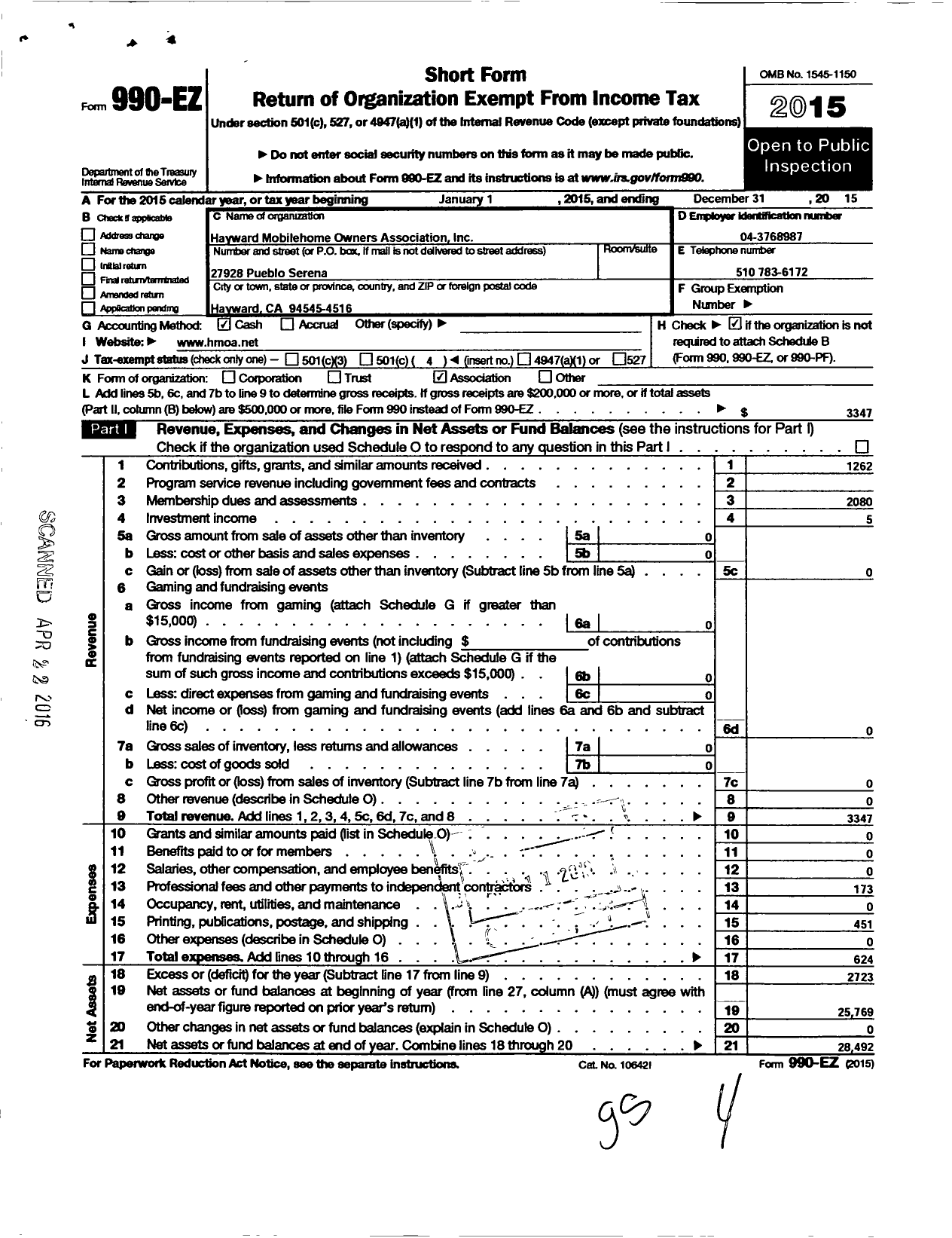 Image of first page of 2015 Form 990EO for Hayward Mobilehome Owners Association