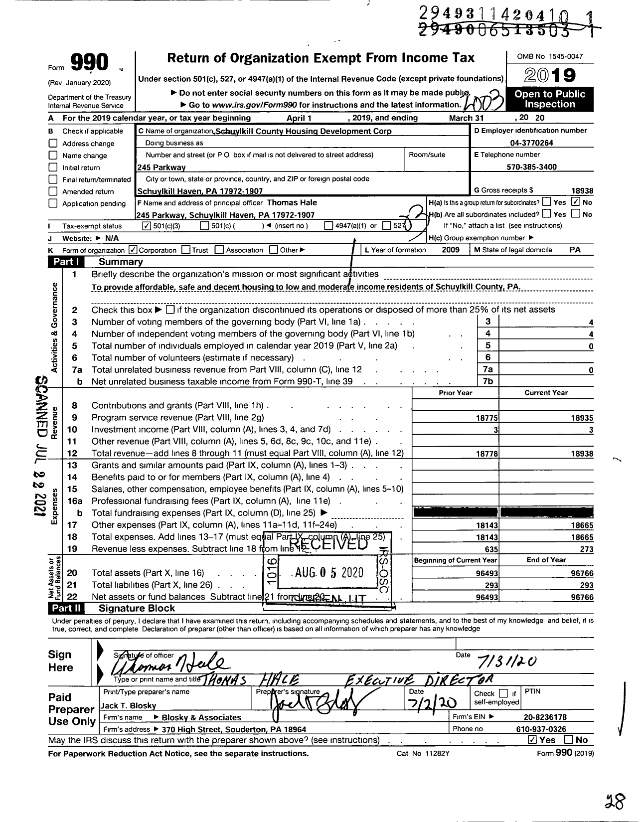 Image of first page of 2019 Form 990 for Housing Development Corporation of Schuylkill County