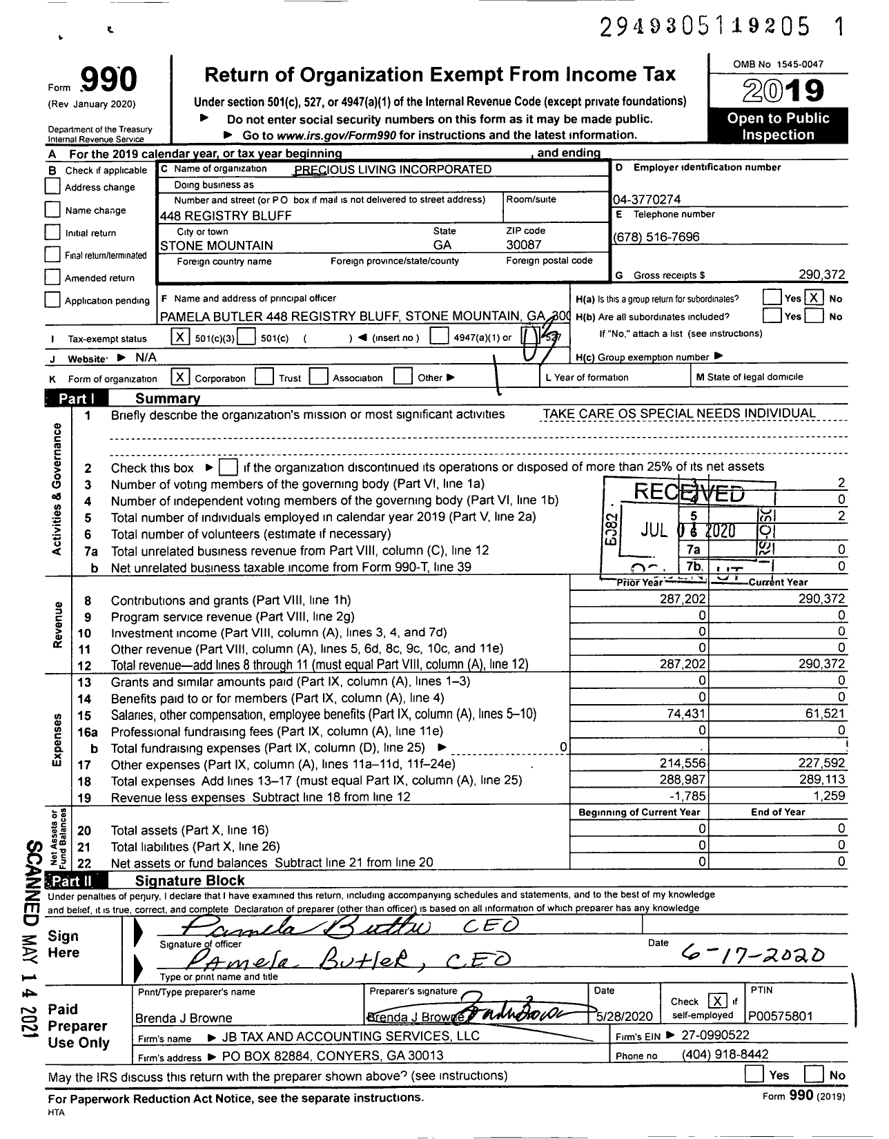 Image of first page of 2019 Form 990 for Precious Living Incorporated