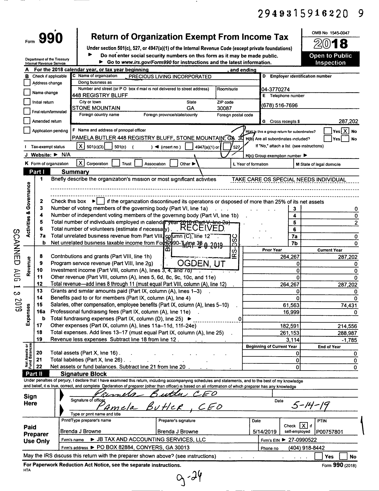 Image of first page of 2018 Form 990 for Precious Living Incorporated