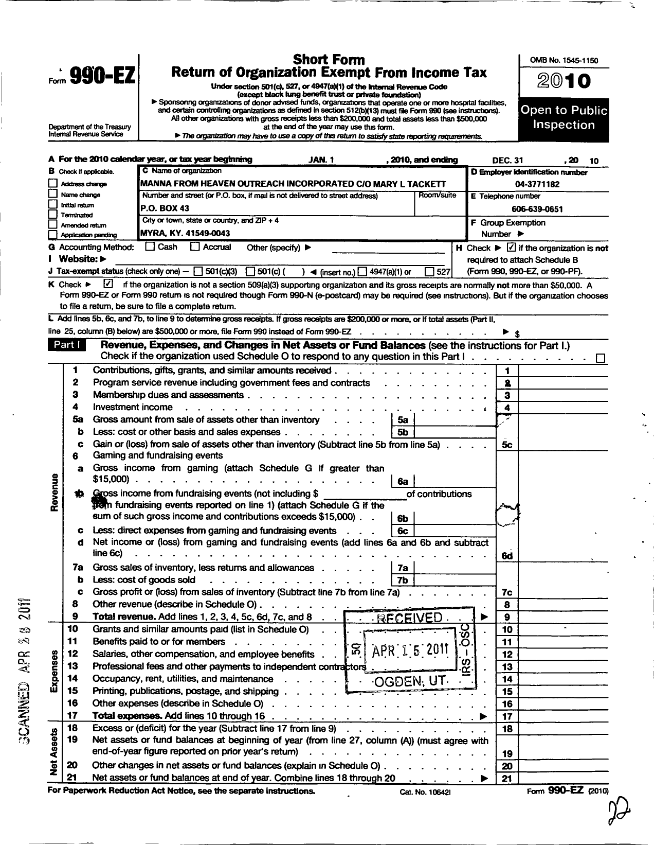 Image of first page of 2010 Form 990EO for Manna From Heaven Outreach