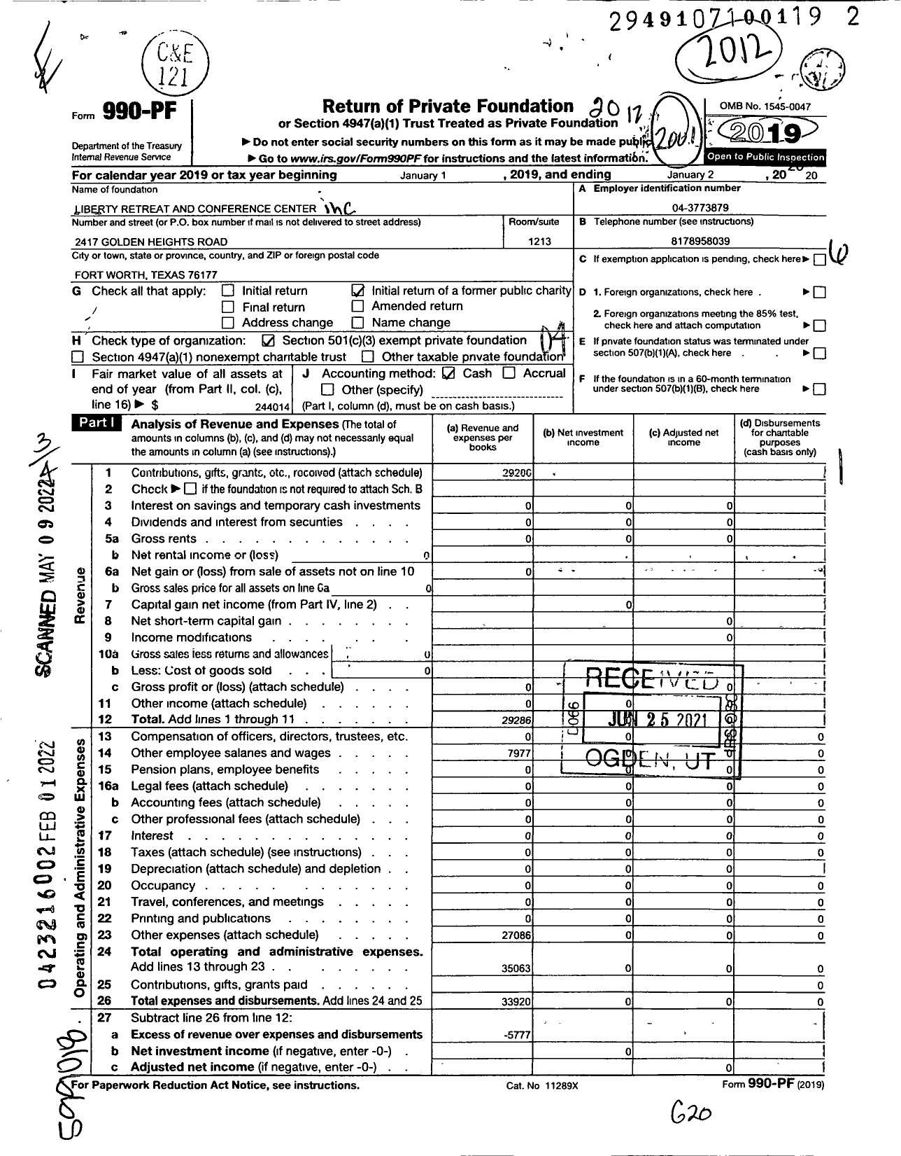 Image of first page of 2019 Form 990PF for Liberty Retreat and Conference