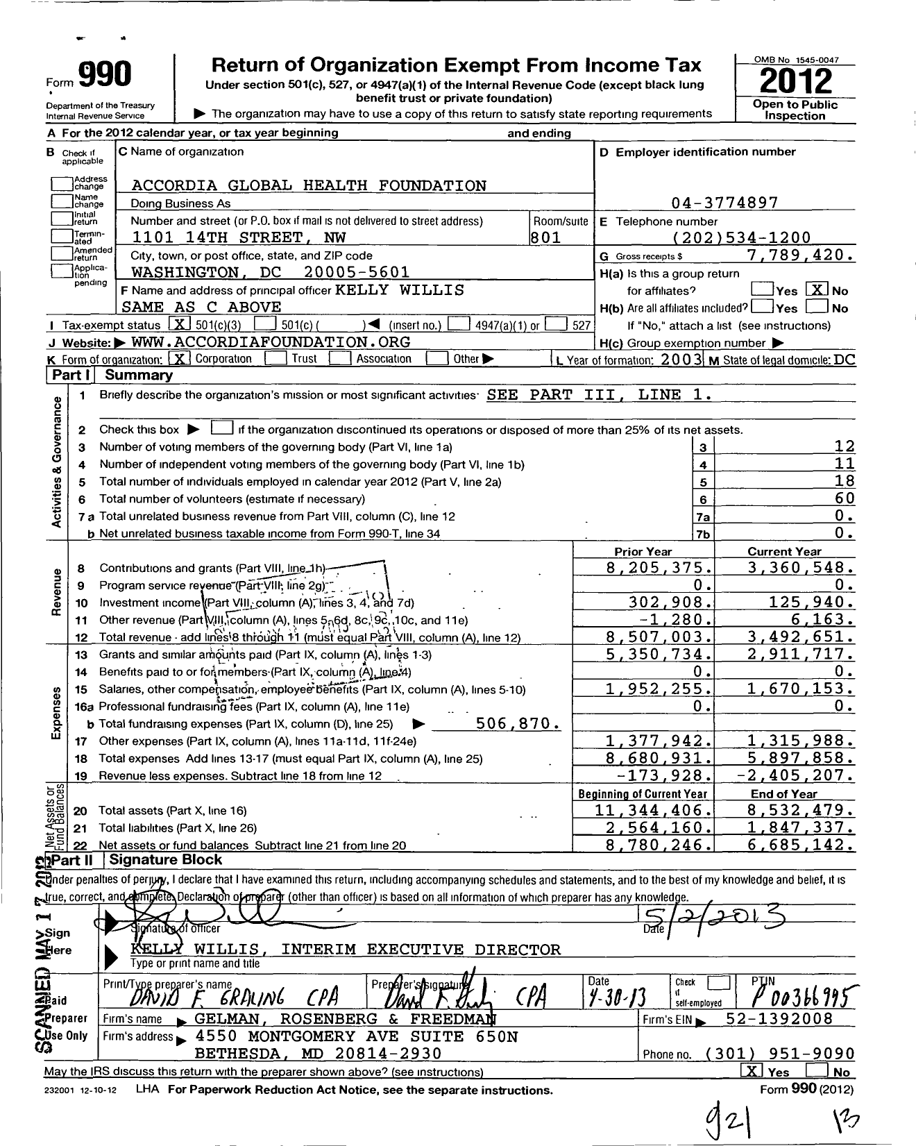 Image of first page of 2012 Form 990 for Accordia Global Health Foundation
