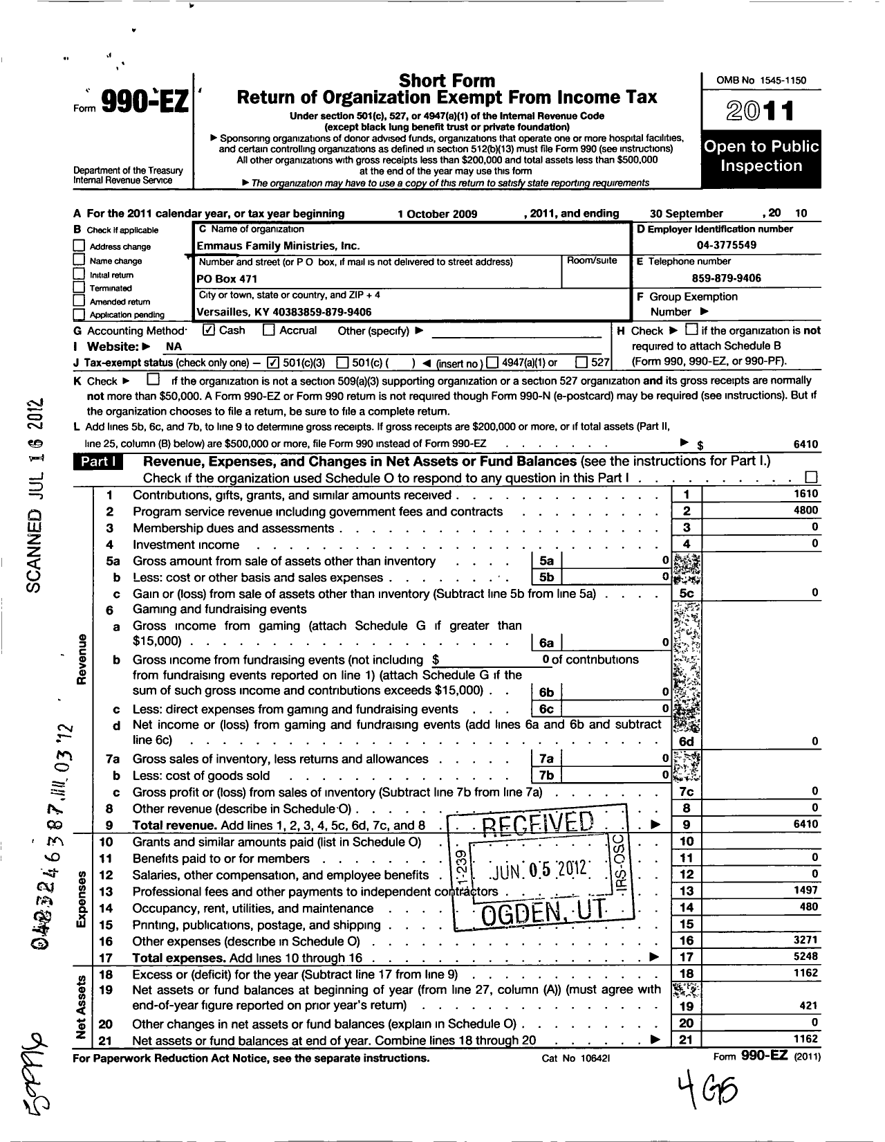 Image of first page of 2009 Form 990EZ for Emmaus Family Ministries