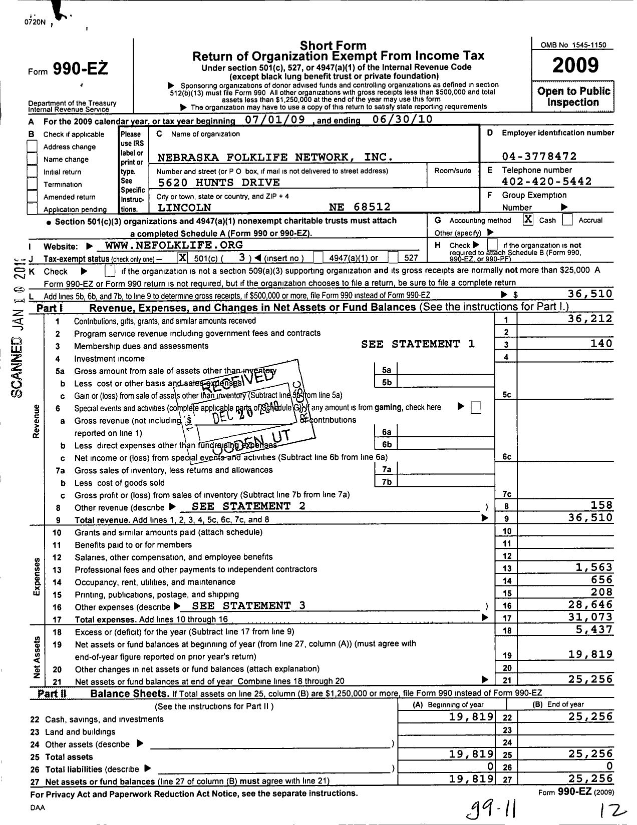 Image of first page of 2009 Form 990EZ for Nebraska Folklife Network