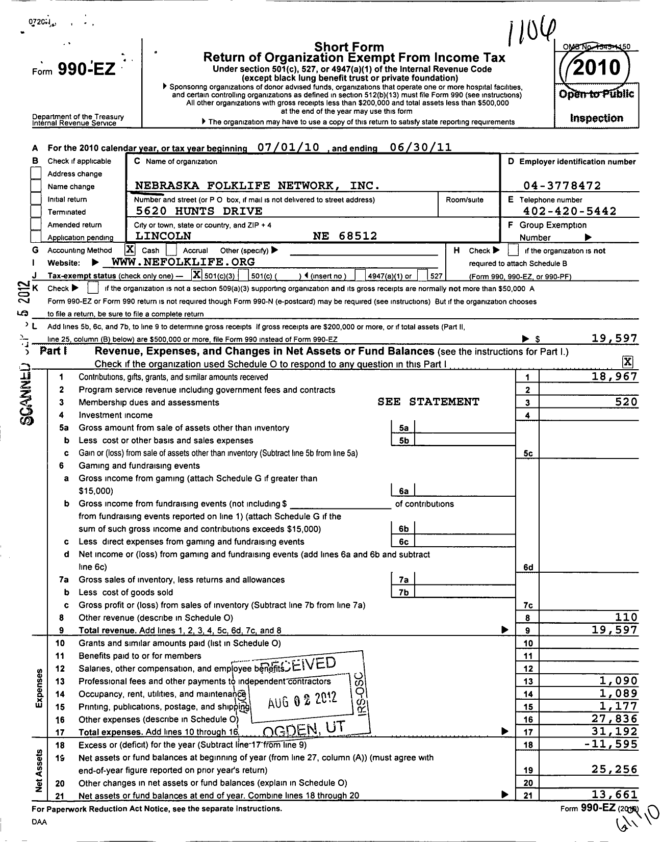 Image of first page of 2010 Form 990EZ for Nebraska Folklife Network