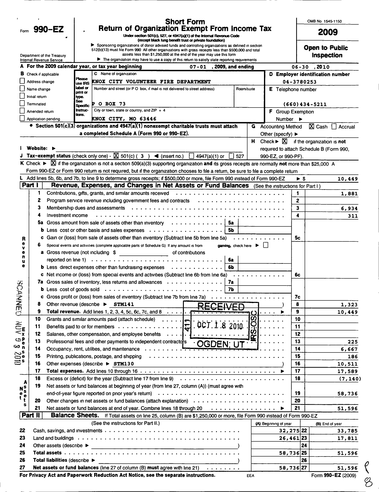 Image of first page of 2009 Form 990EZ for Knox City Volunteer Fire Department