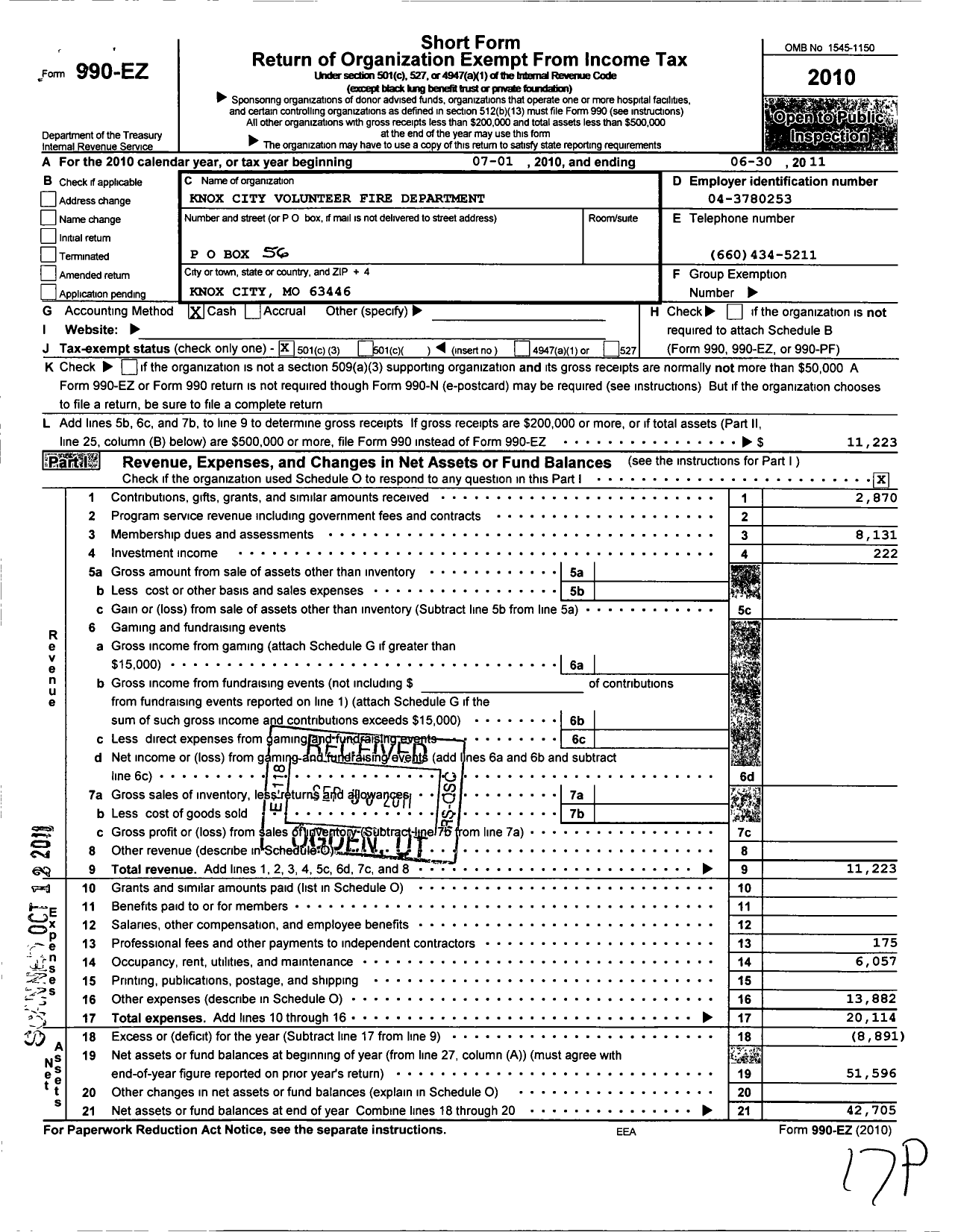 Image of first page of 2010 Form 990EZ for Knox City Volunteer Fire Department