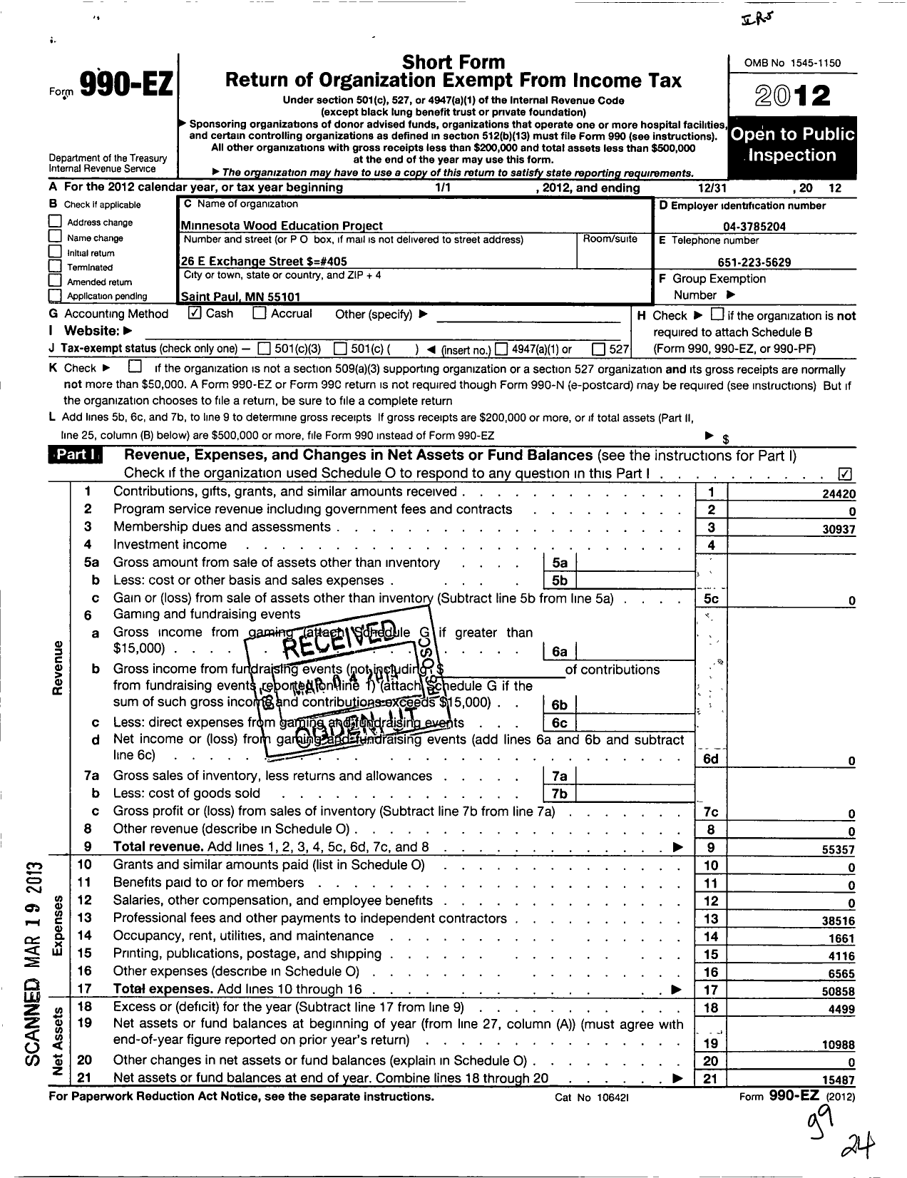 Image of first page of 2012 Form 990EO for Minnesota Wood Education Project