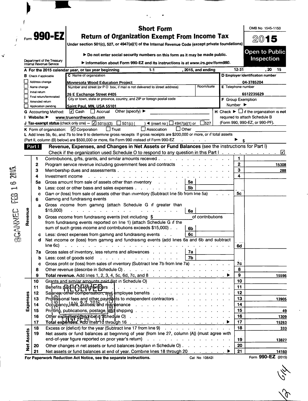 Image of first page of 2015 Form 990EZ for Minnesota Wood Education Project